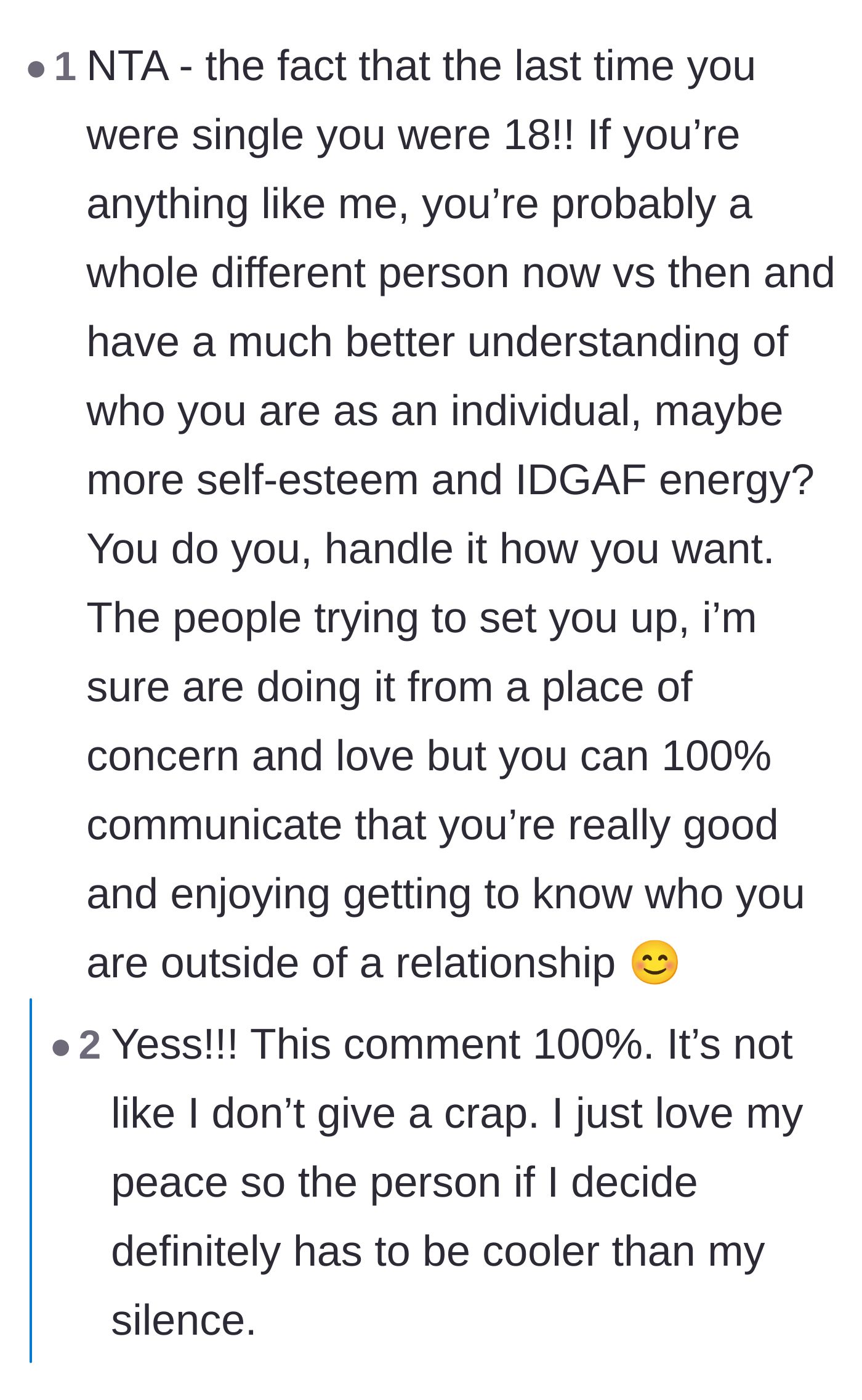 Comment thread 2 - Comment thread about the importance of taking time to discover your adult identity after a long-term relationship, rather than rushing into dating.