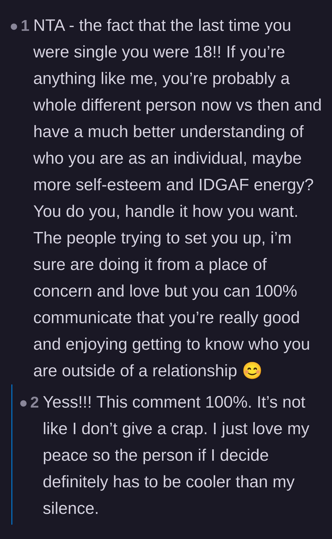 Comment thread 2 - Comment thread about the importance of taking time to discover your adult identity after a long-term relationship, rather than rushing into dating.