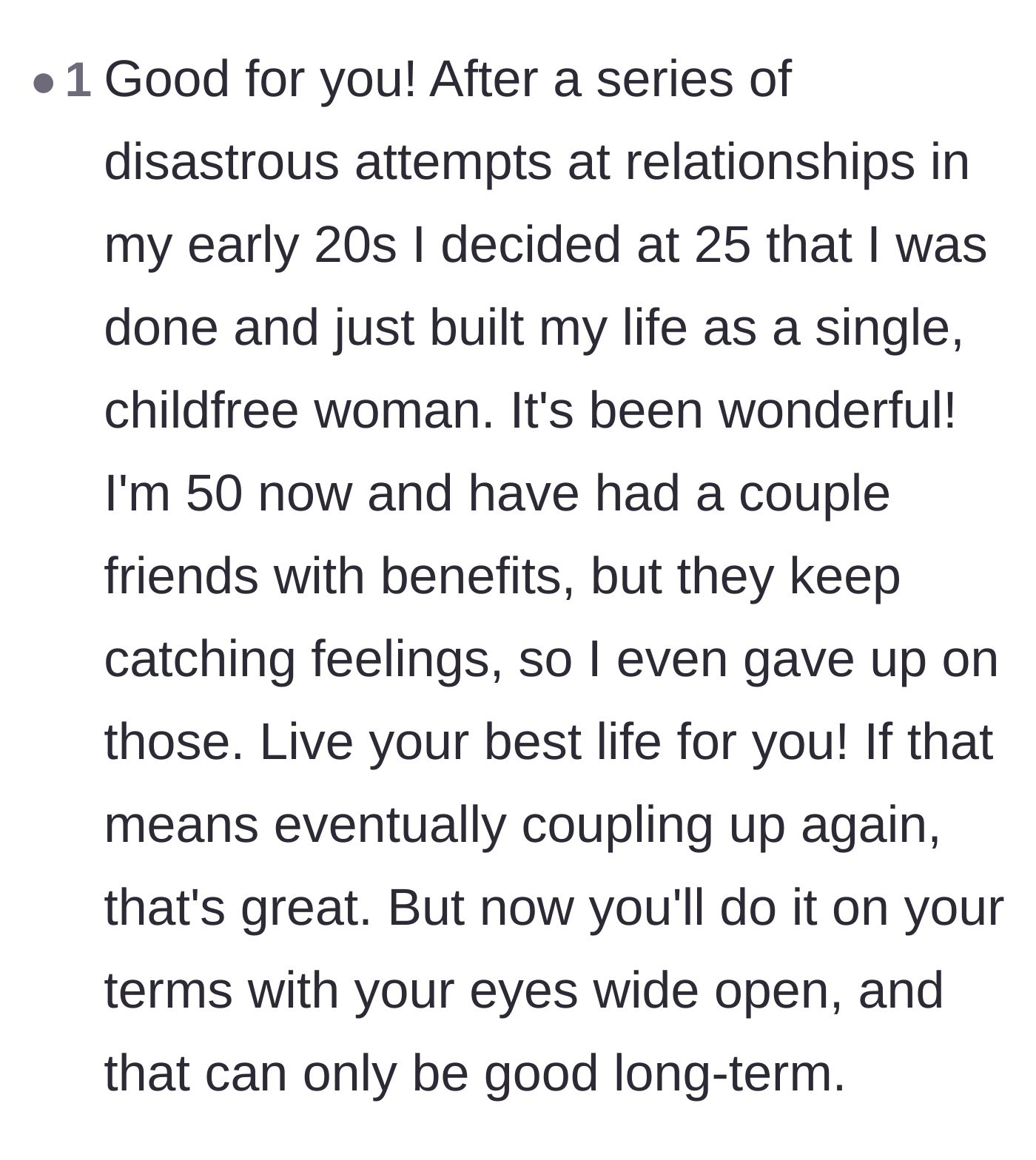 Comment thread 5 - Comment from a fifty-year-old woman sharing her wonderful experience of choosing to remain single and child-free since her twenties.