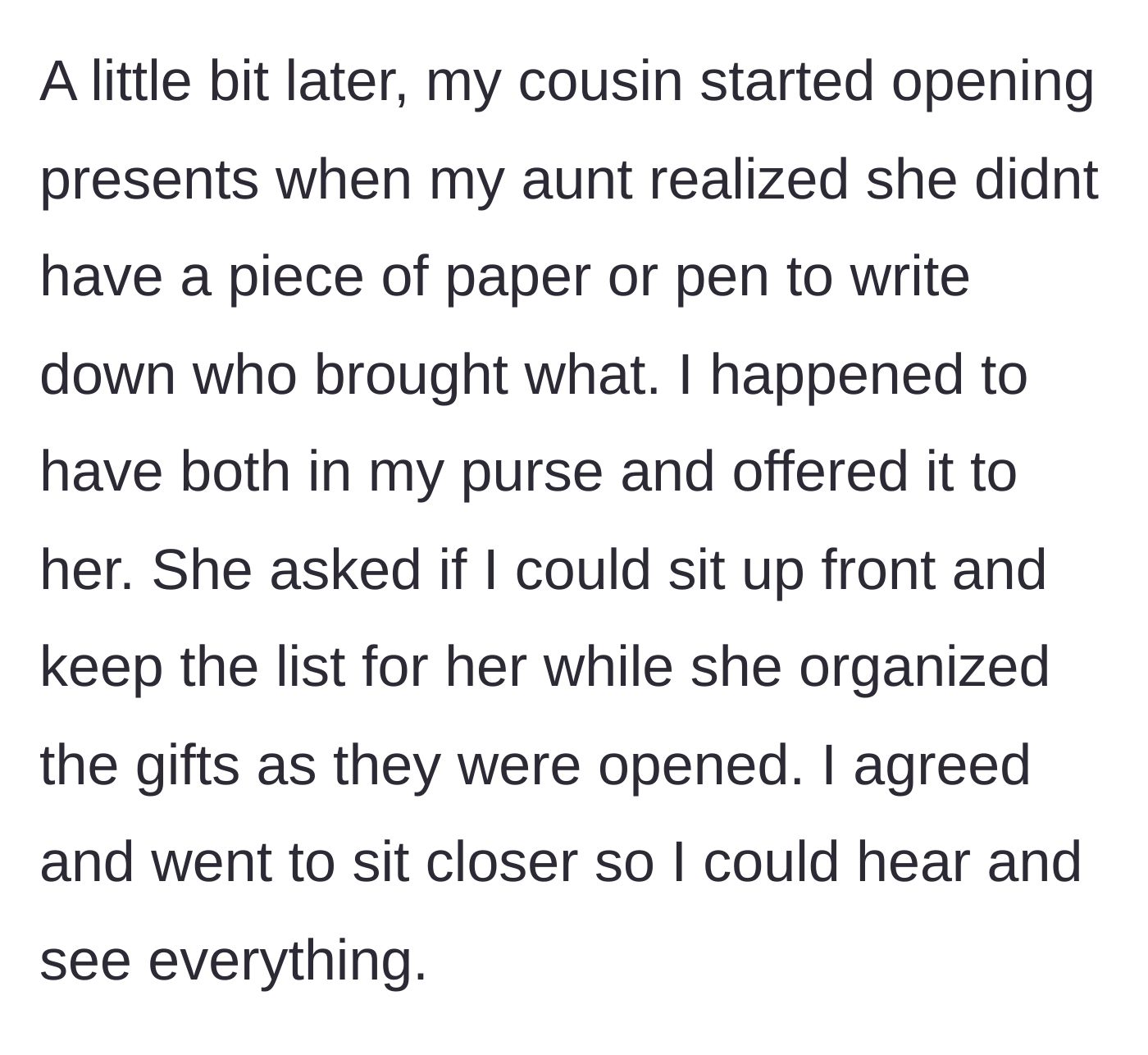 Story part 5 - Woman moving to the front of the room to help the aunt write down the gift list.