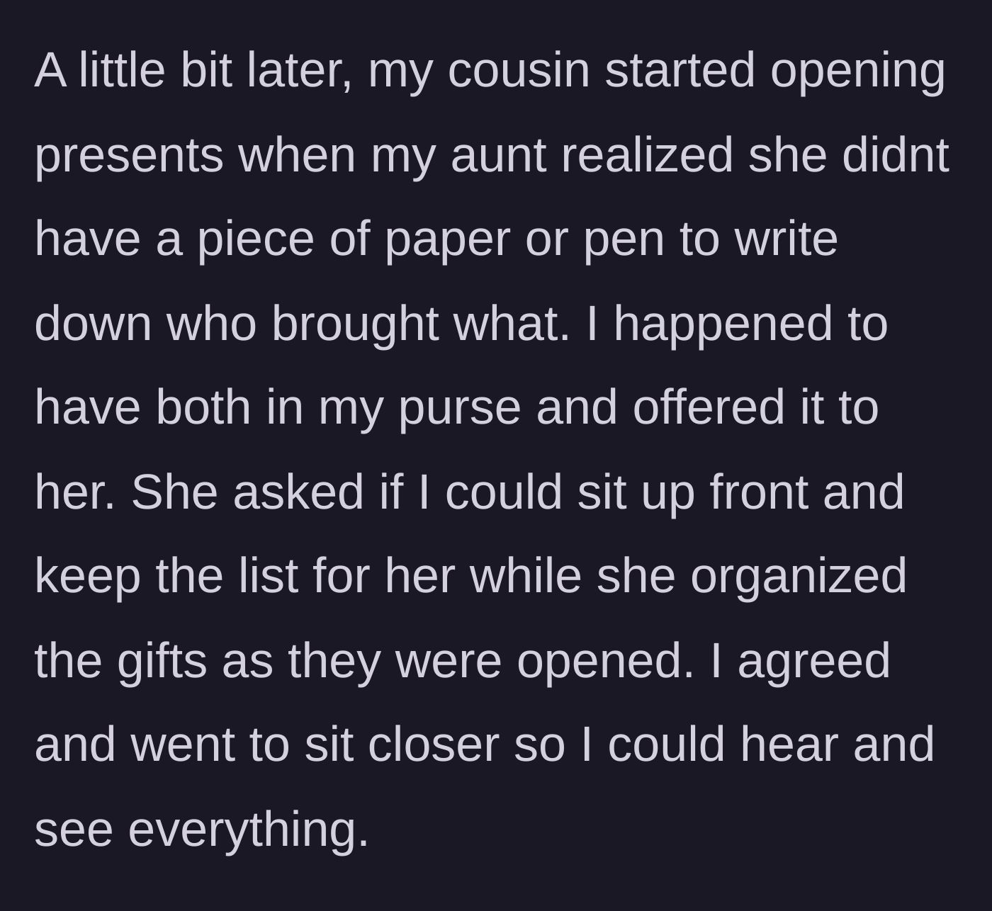 Story part 5 - Woman moving to the front of the room to help the aunt write down the gift list.
