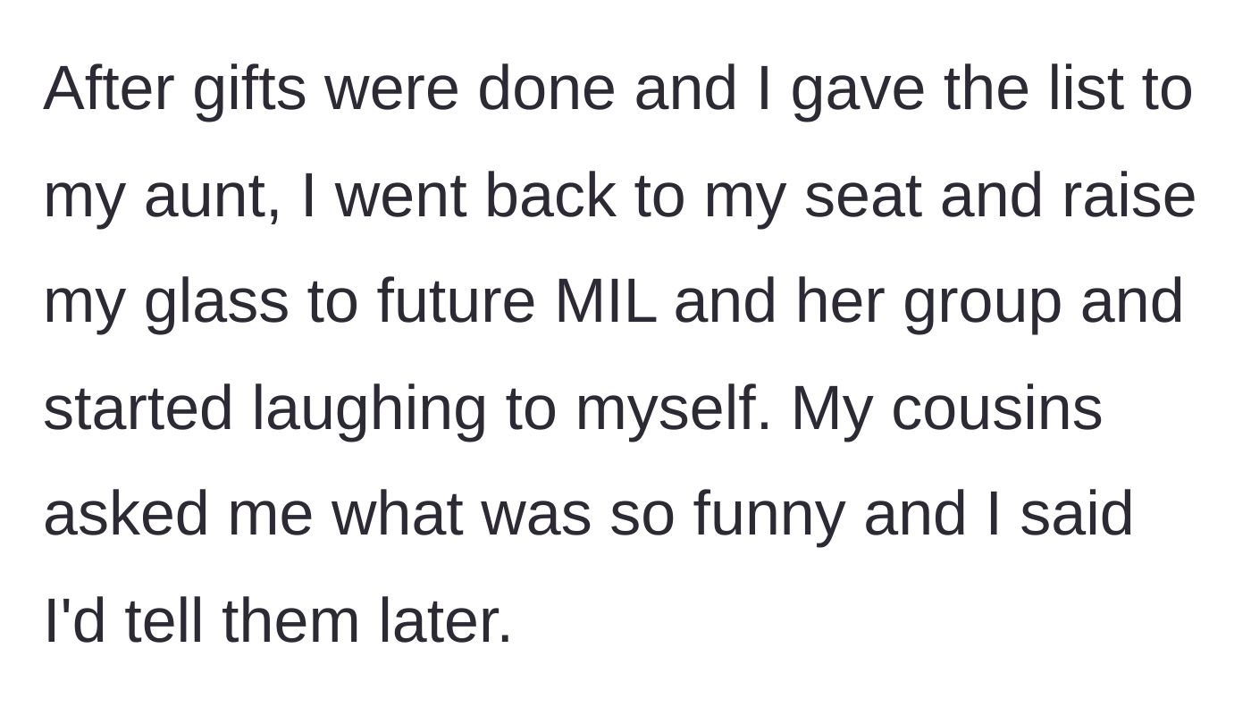 Story part 7 - Woman raising her glass with a smirk to the glaring in-laws.