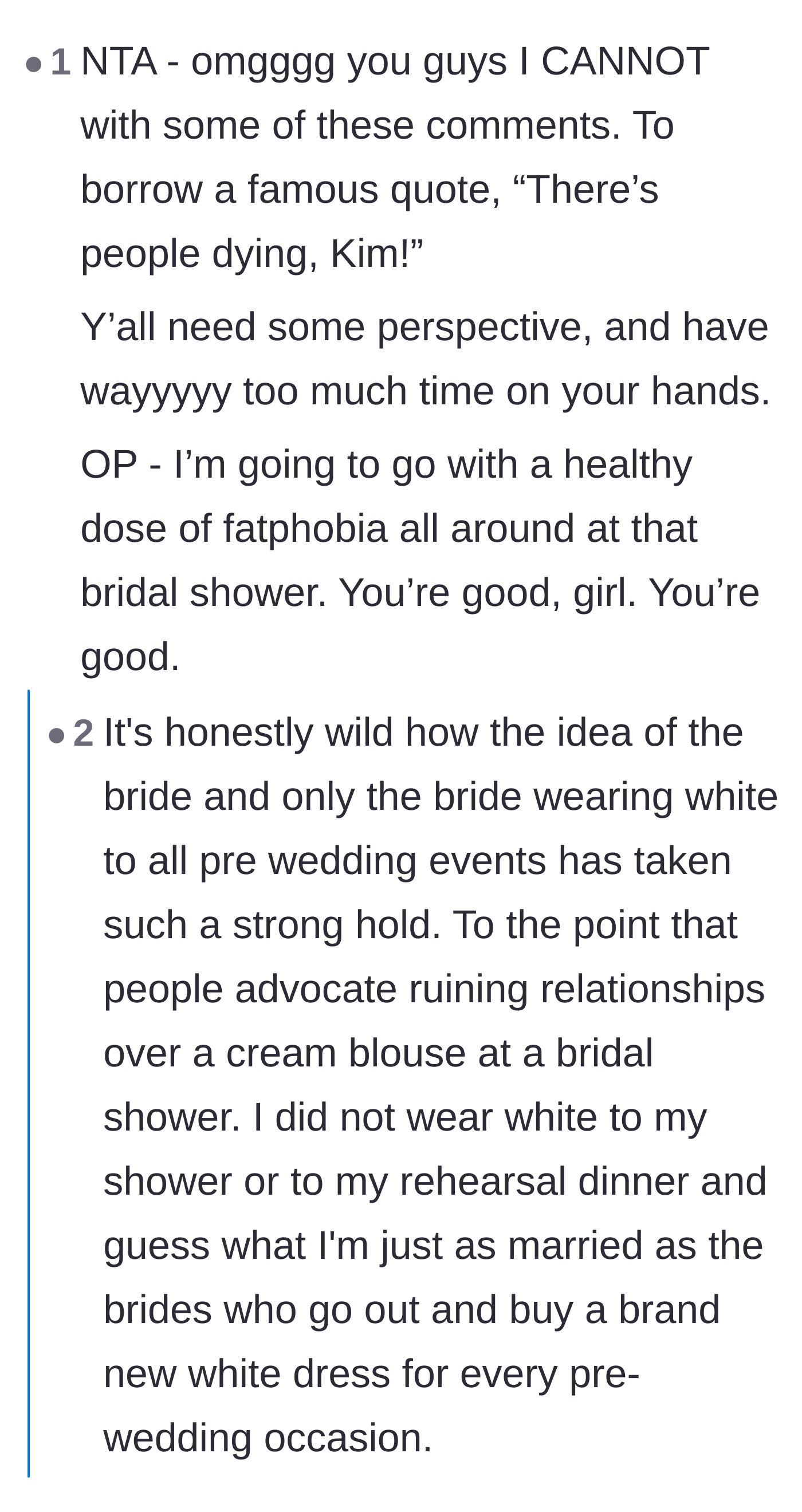 Comment thread 1 - Readers discussing how the 'no white' rule has gone too far and calling out the mother-in-law's thinly veiled fatphobia.