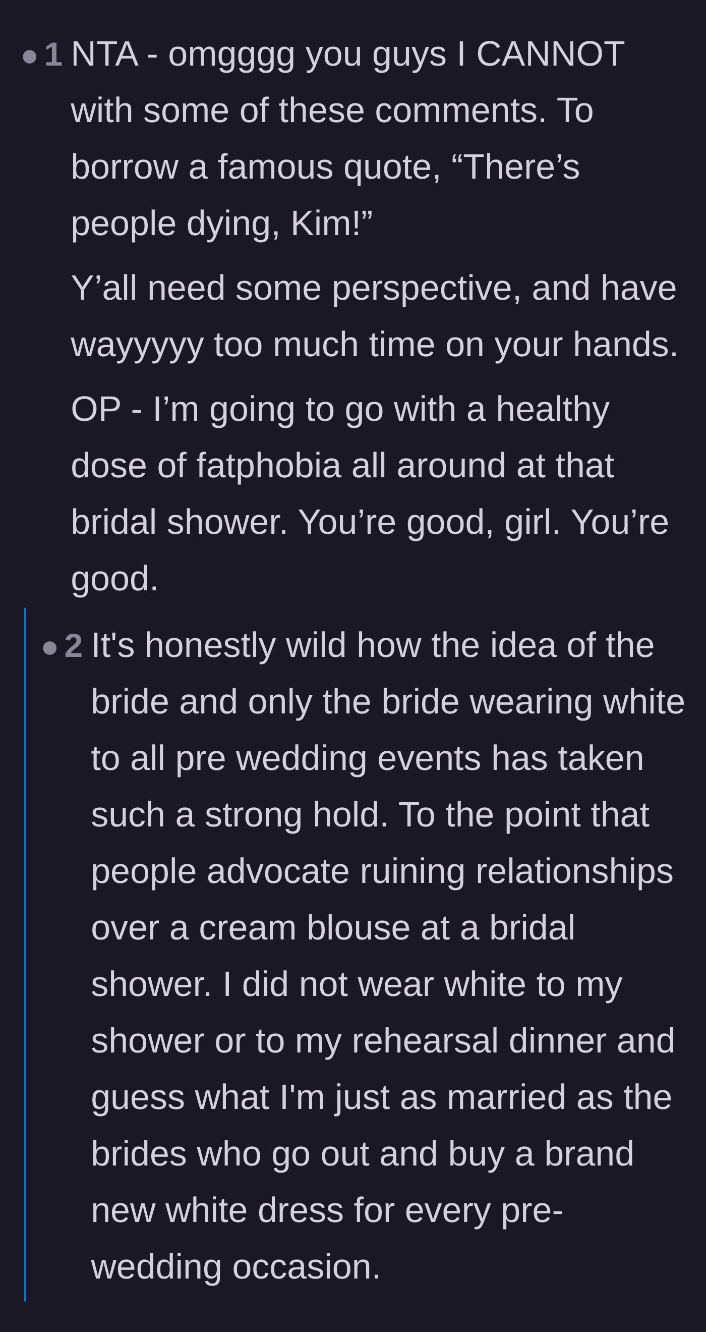 Comment thread 1 - Readers discussing how the 'no white' rule has gone too far and calling out the mother-in-law's thinly veiled fatphobia.