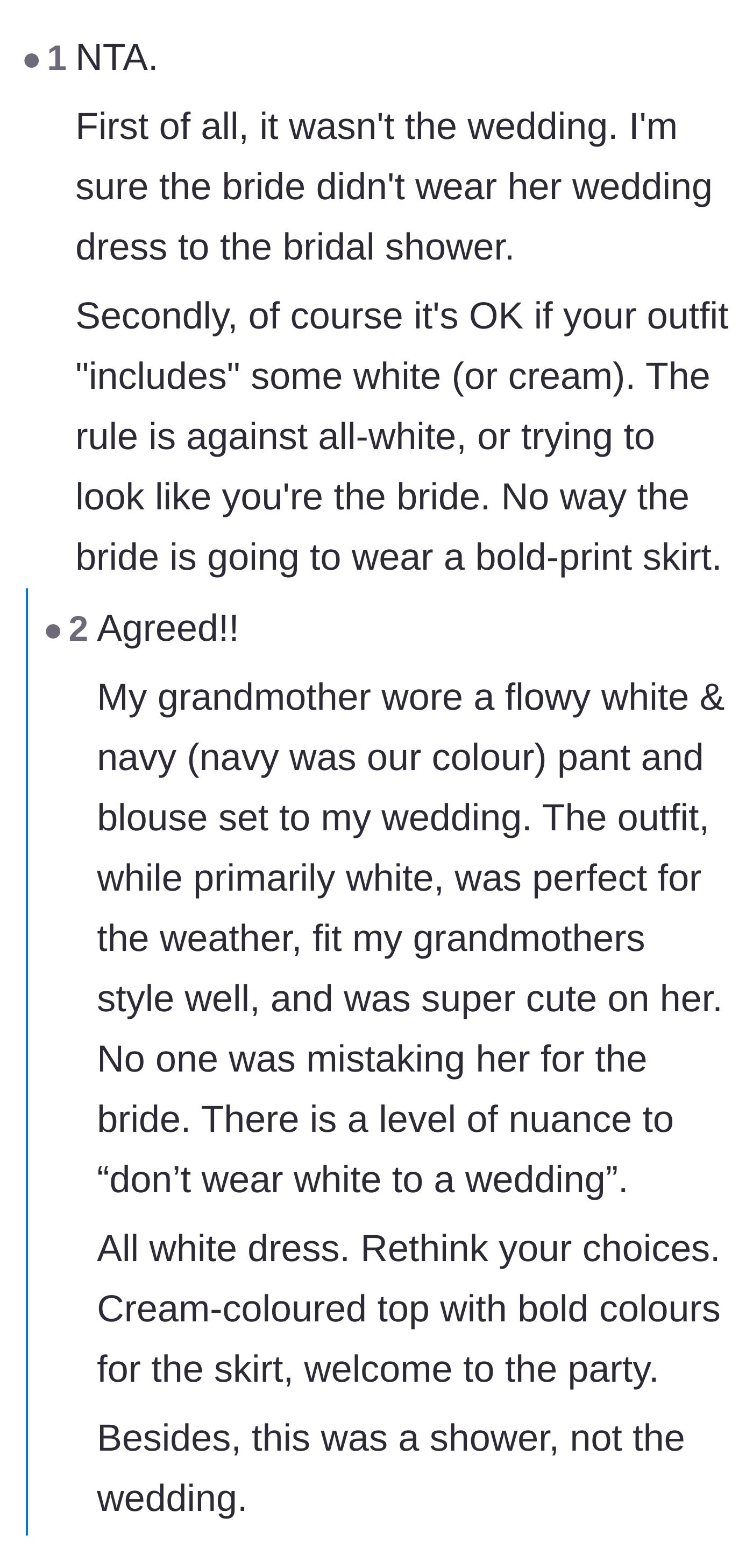 Comment thread 2 - Commenters clarifying that the historical 'no white' rule applies to wedding dresses, not cream blouses at a daytime party.