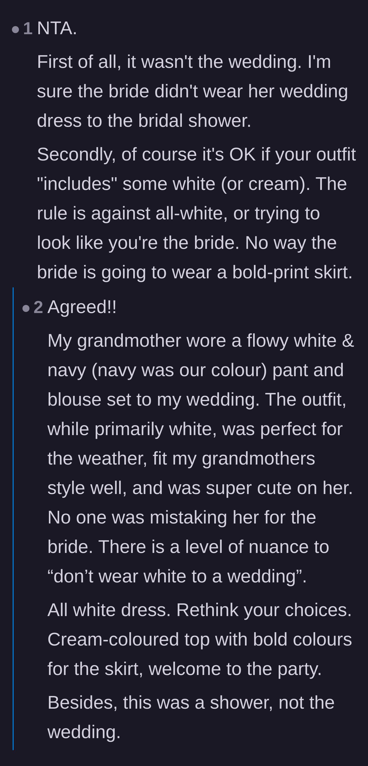 Comment thread 2 - Commenters clarifying that the historical 'no white' rule applies to wedding dresses, not cream blouses at a daytime party.