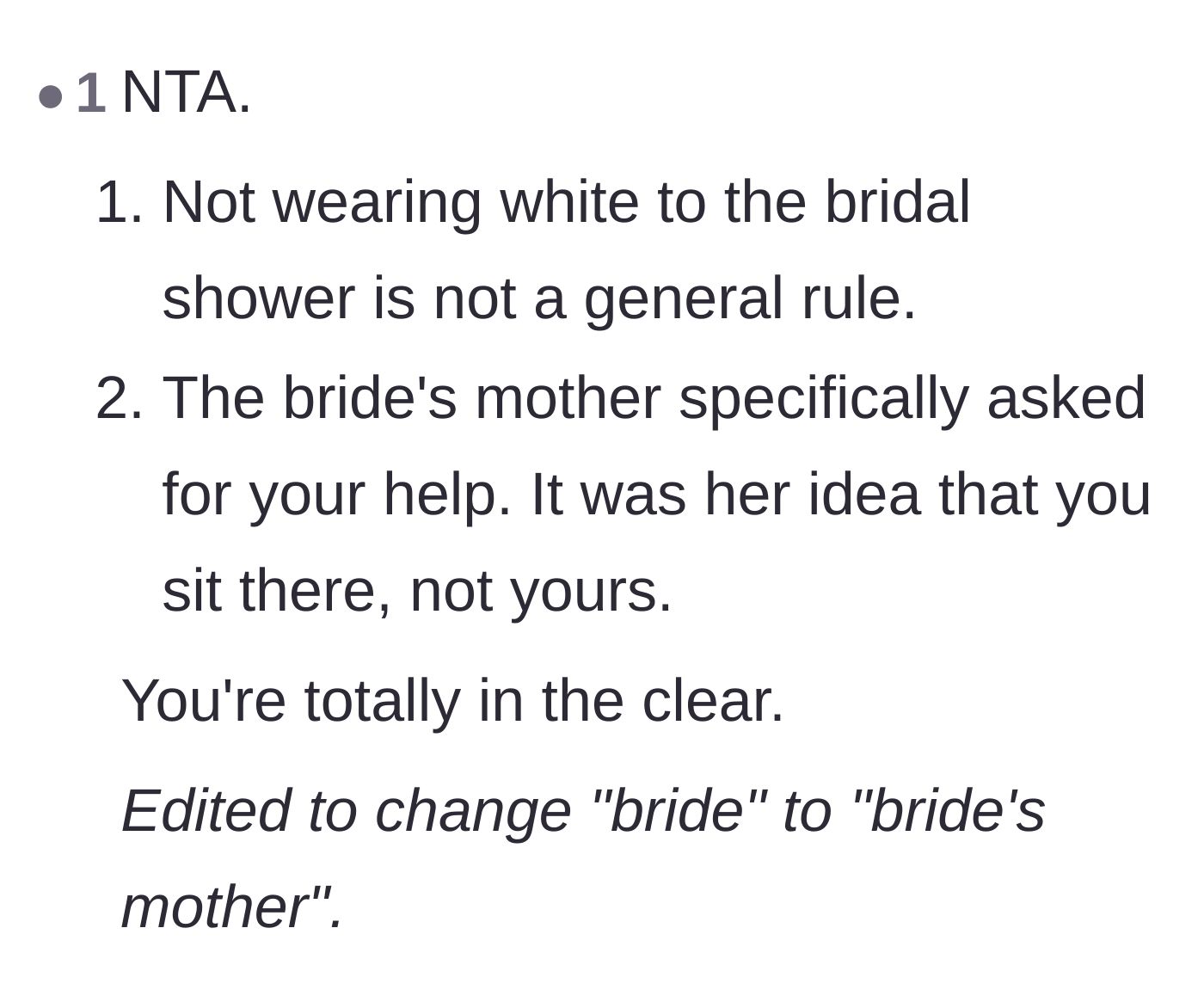 Comment thread 3 - A reminder that the bride's own mother explicitly requested the author's help at the front of the room.