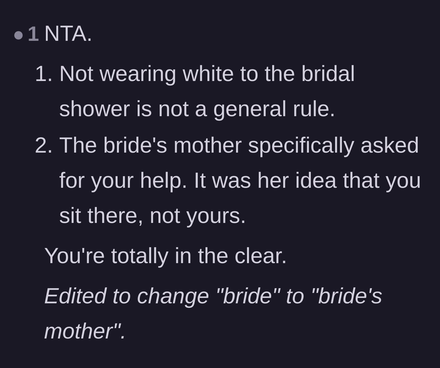 Comment thread 3 - A reminder that the bride's own mother explicitly requested the author's help at the front of the room.