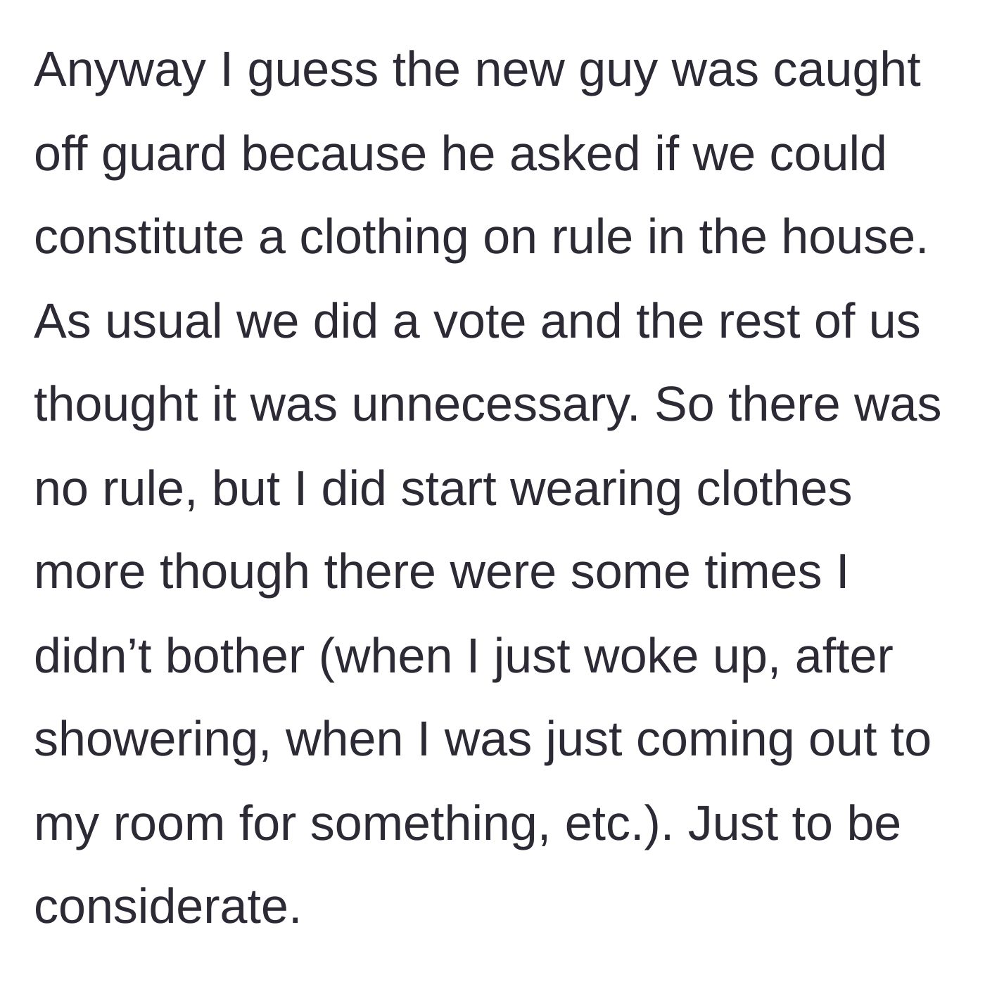 Story part 4 - A house vote rejects the clothing rule, though the main character makes a personal compromise.