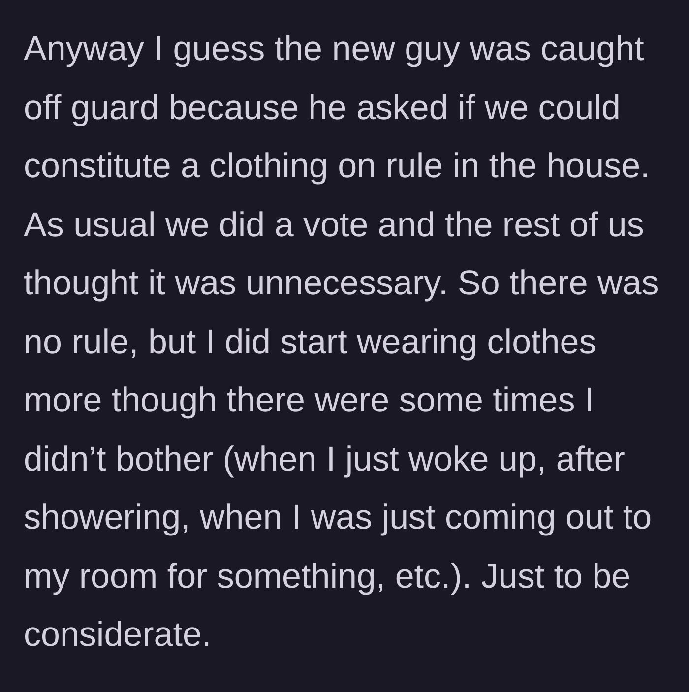 Story part 4 - A house vote rejects the clothing rule, though the main character makes a personal compromise.