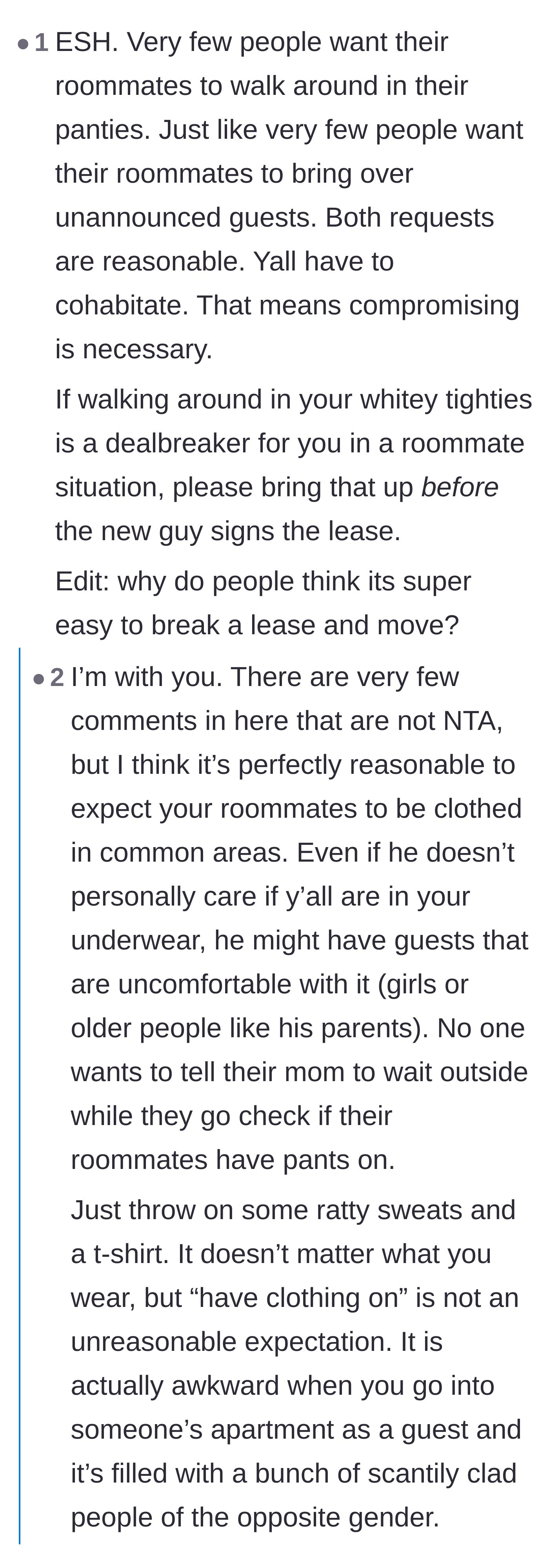 Comment thread 4 - A lengthy debate on the necessity of compromise and whether the underwear habit should have been disclosed before lease signing.