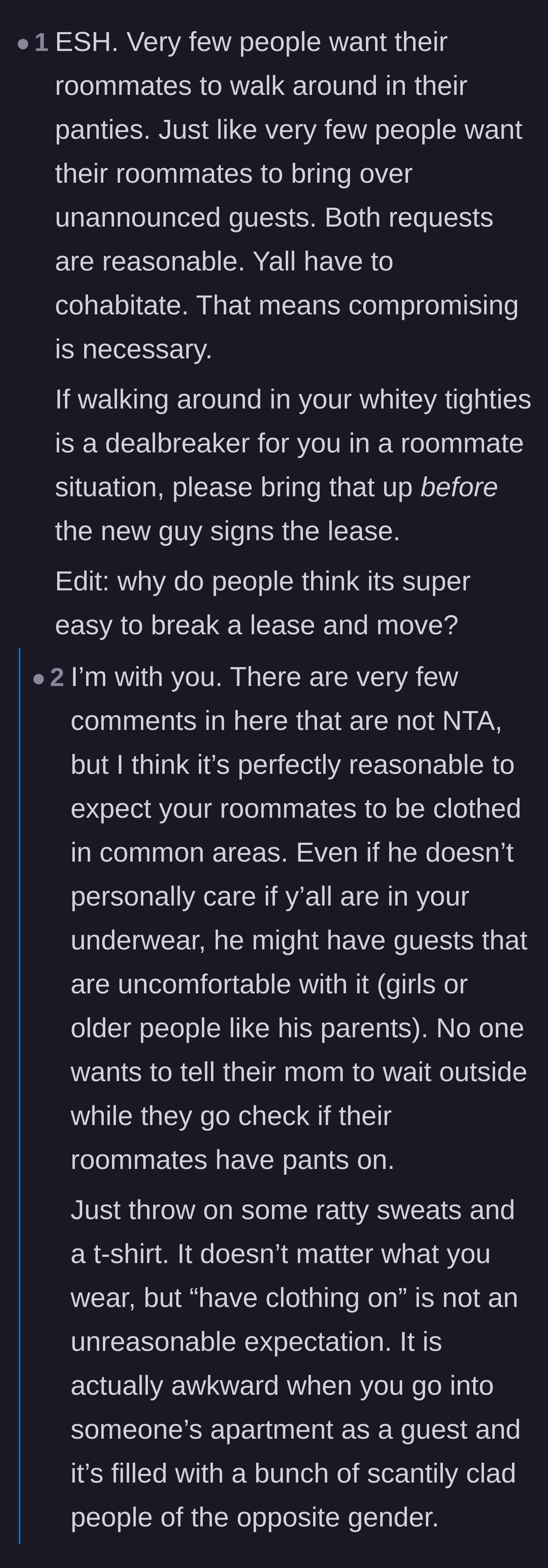 Comment thread 4 - A lengthy debate on the necessity of compromise and whether the underwear habit should have been disclosed before lease signing.