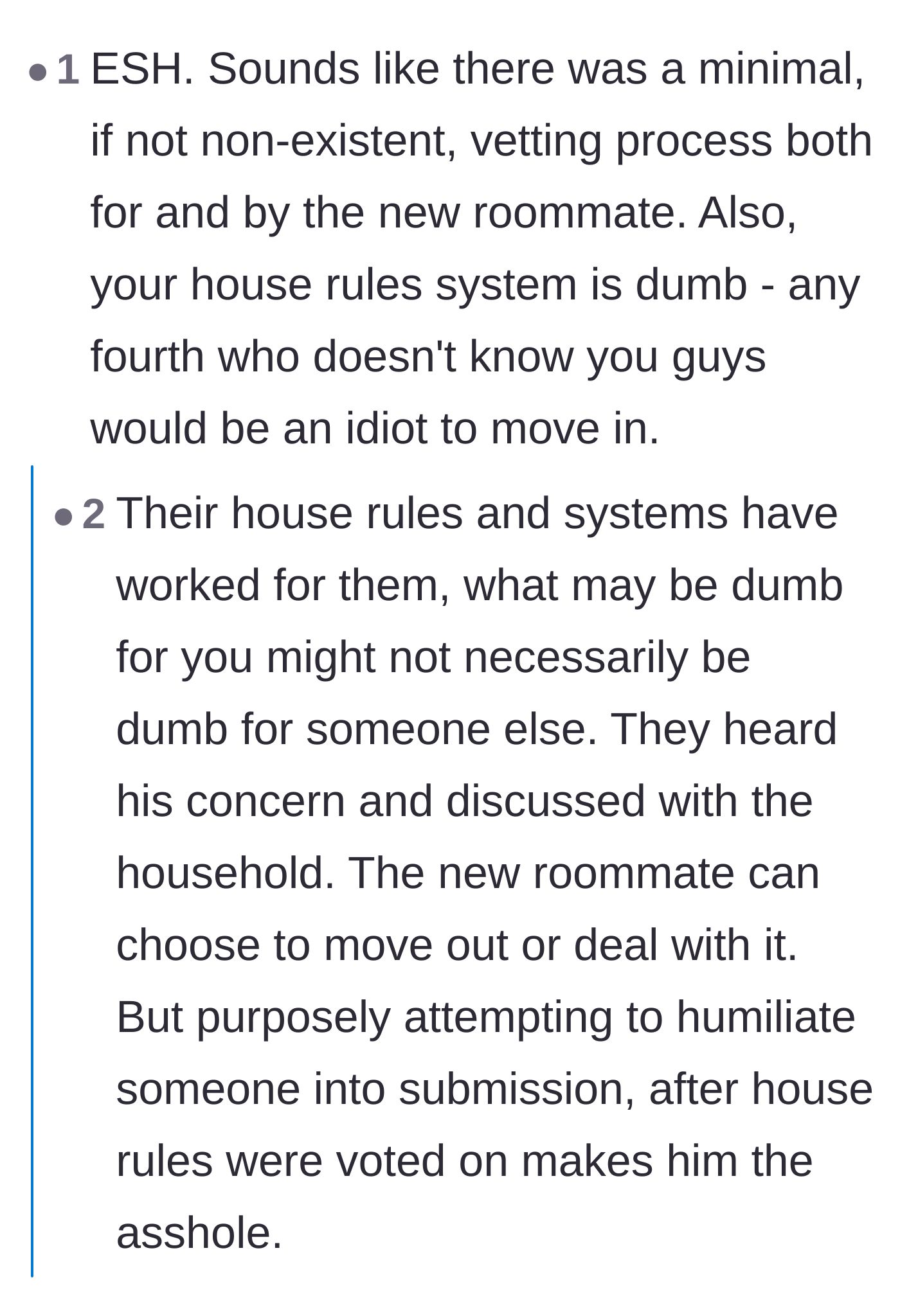 Comment thread 5 - A critical analysis of how a majority-rule system is inherently stacked against a single new roommate joining an established group.