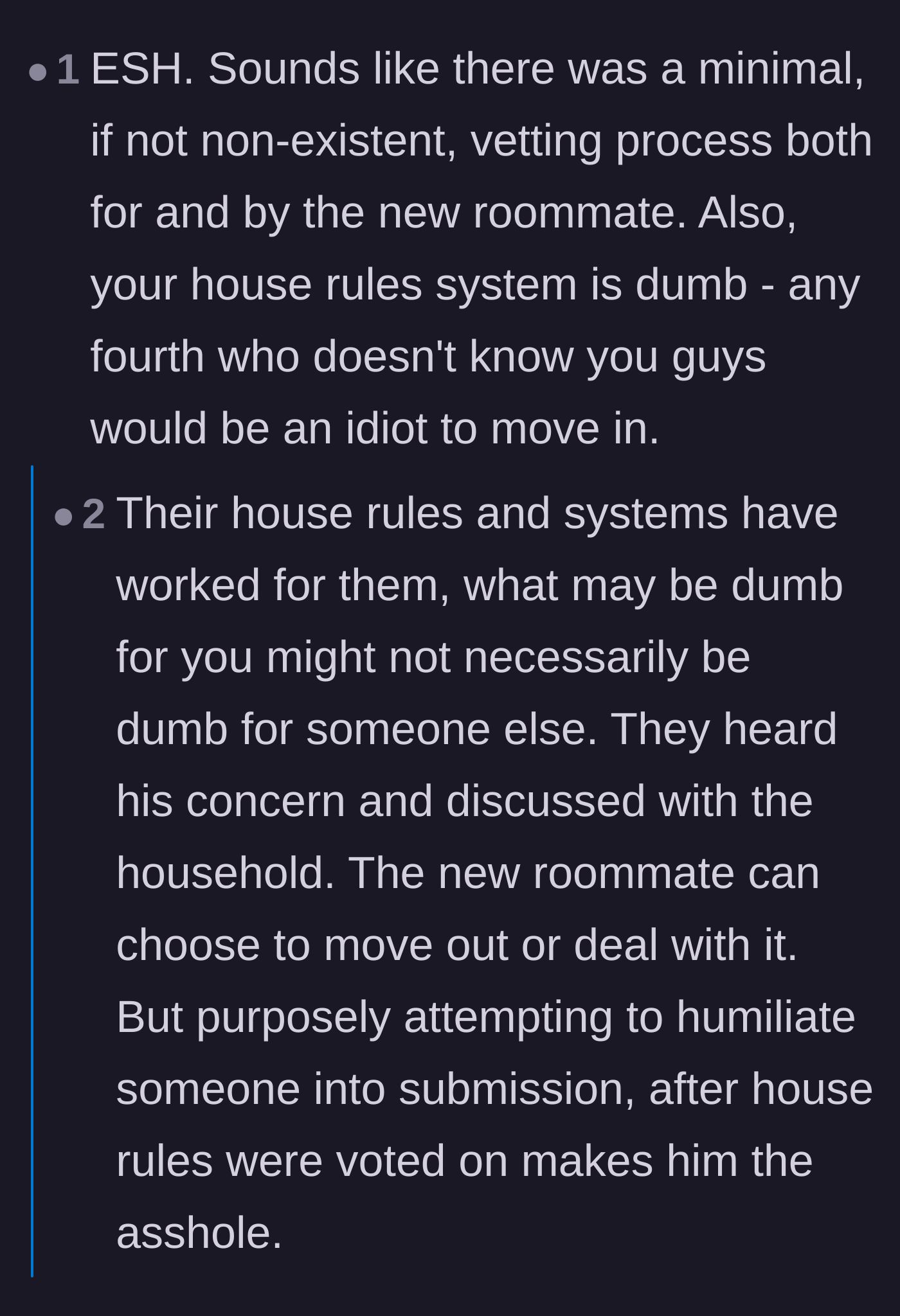 Comment thread 5 - A critical analysis of how a majority-rule system is inherently stacked against a single new roommate joining an established group.