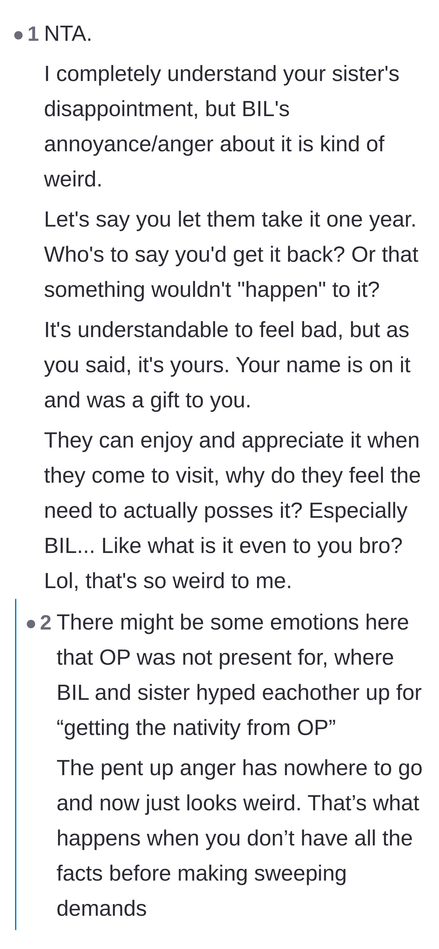 Comment thread 1 - Readers debating the psychological reasons behind the brother-in-law's lingering anger over the nativity set.