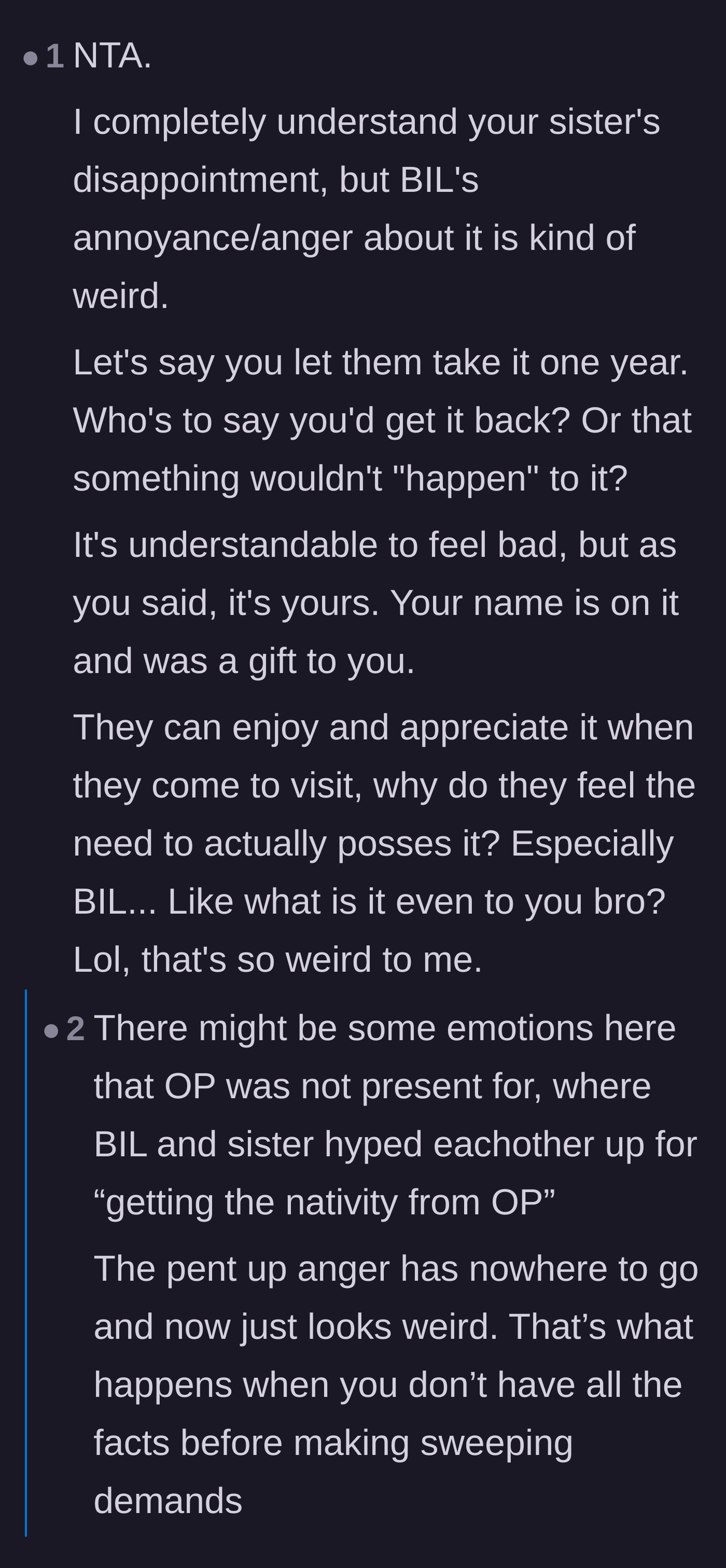 Comment thread 1 - Readers debating the psychological reasons behind the brother-in-law's lingering anger over the nativity set.