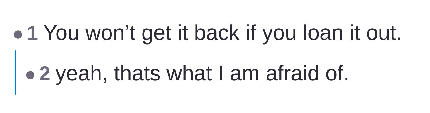 Comment thread 6 - A blunt warning that if the author loans out the set, she will never get it back.