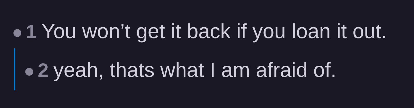 Comment thread 6 - A blunt warning that if the author loans out the set, she will never get it back.