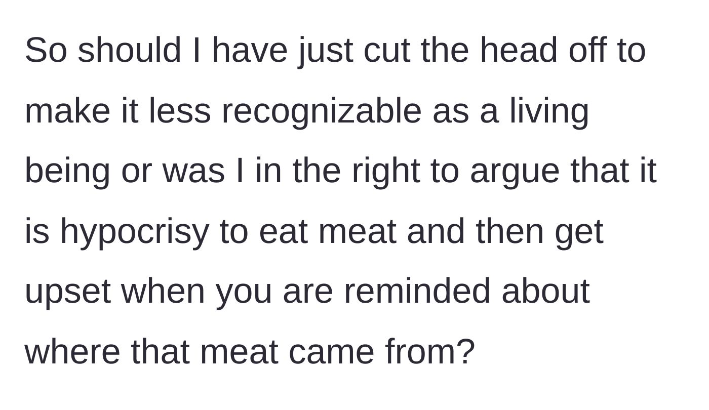 Story part 3 - The cook contemplating if hiding the pig's head would have solved the family's hypocrisy about eating meat.