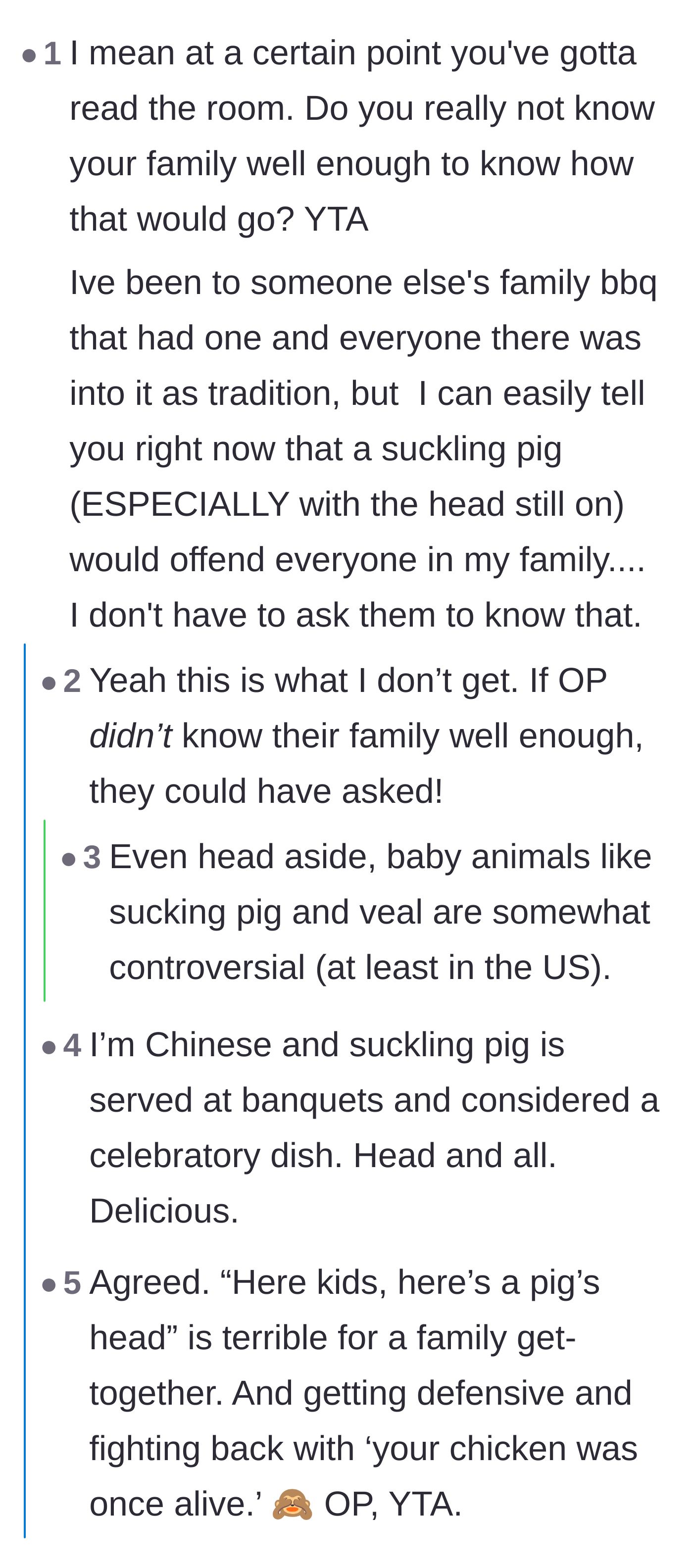 Comment thread discussing how serving a whole pig requires reading the room and understanding the family's cultural norms.