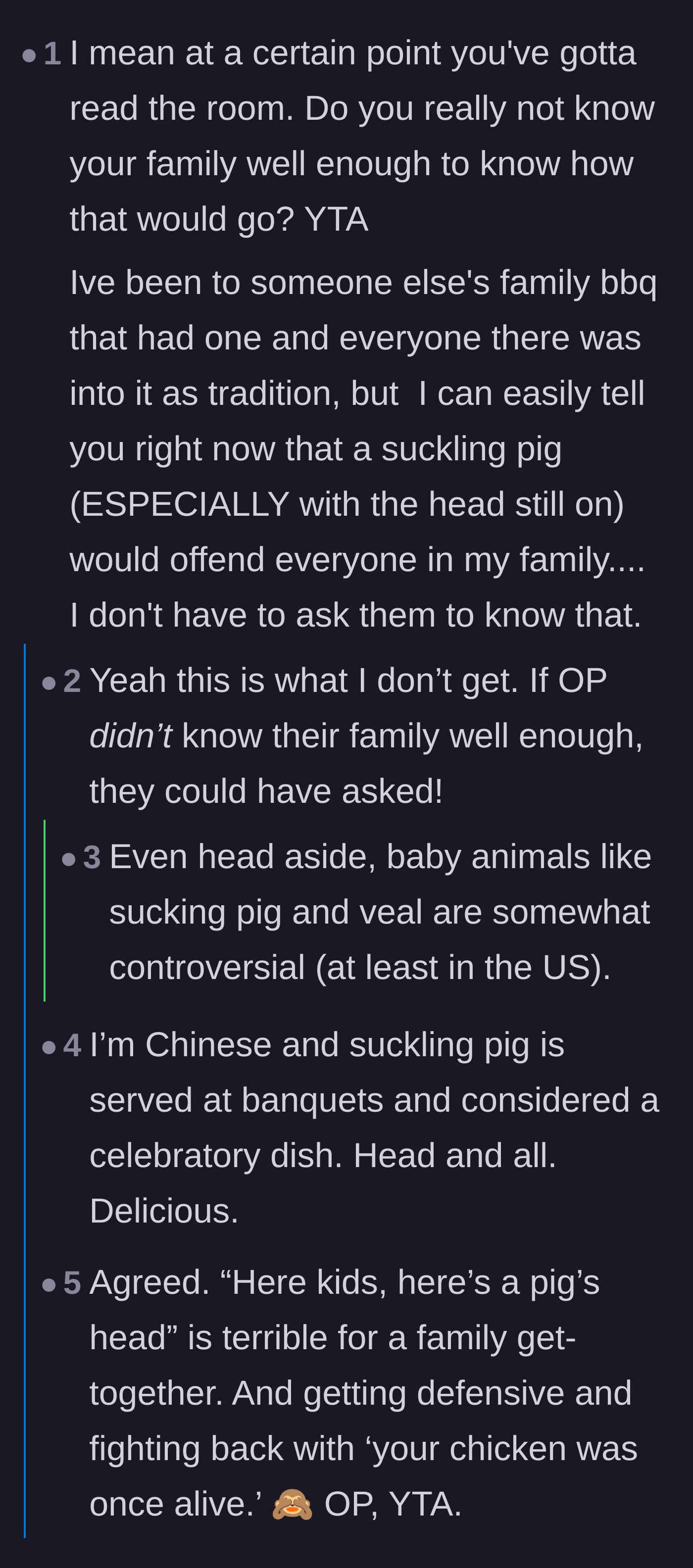 Comment thread discussing how serving a whole pig requires reading the room and understanding the family's cultural norms.