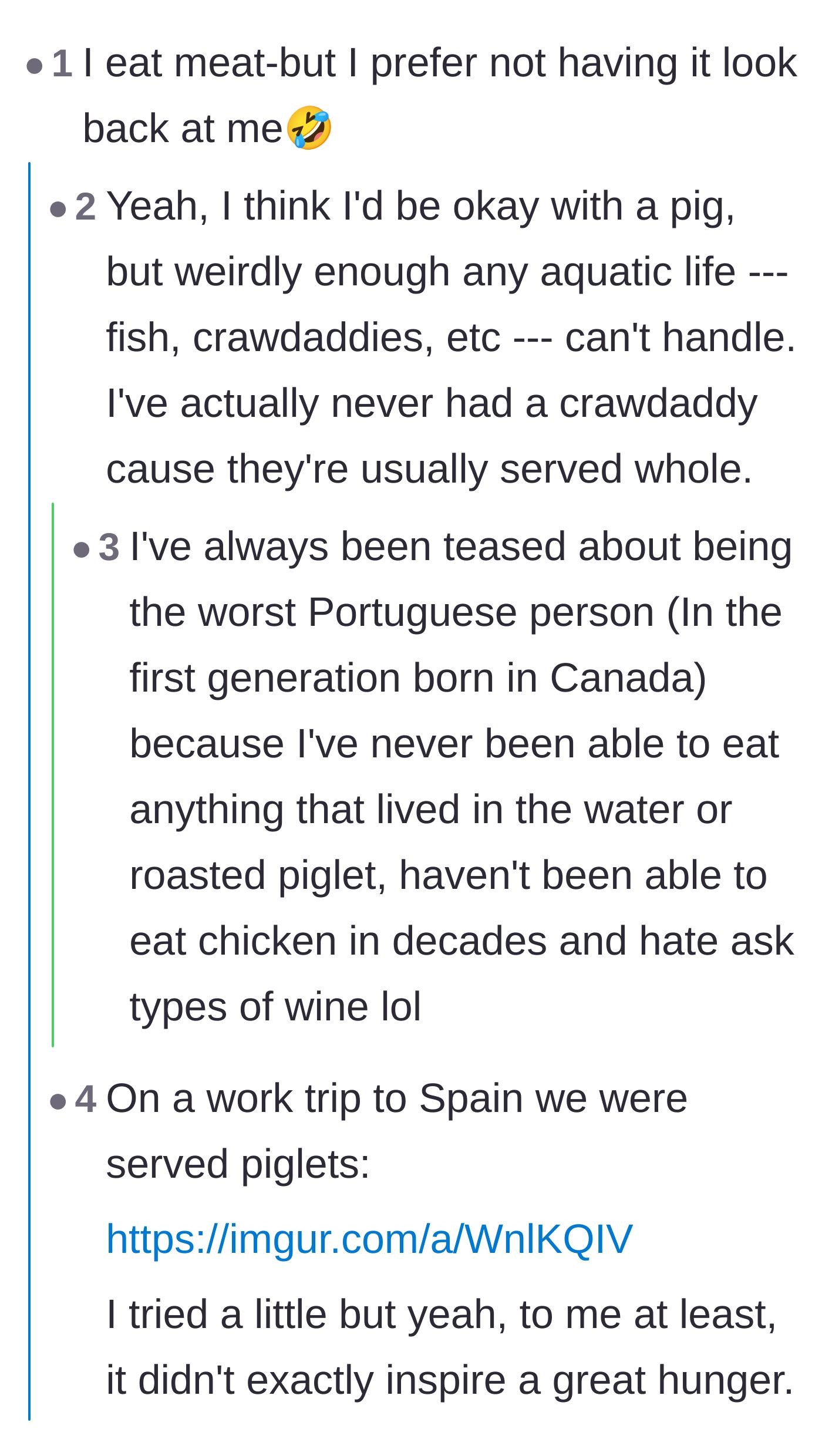 Comment thread sharing personal preferences and photos about not wanting their food to stare back at them.