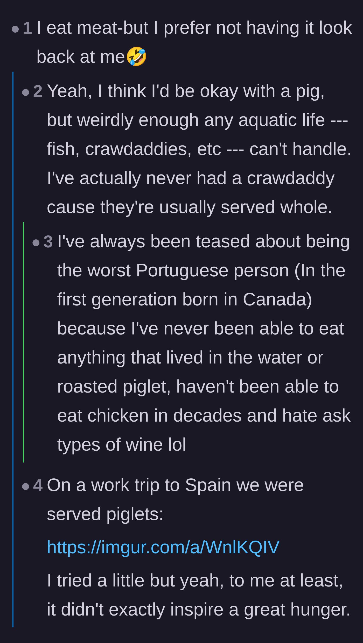 Comment thread sharing personal preferences and photos about not wanting their food to stare back at them.