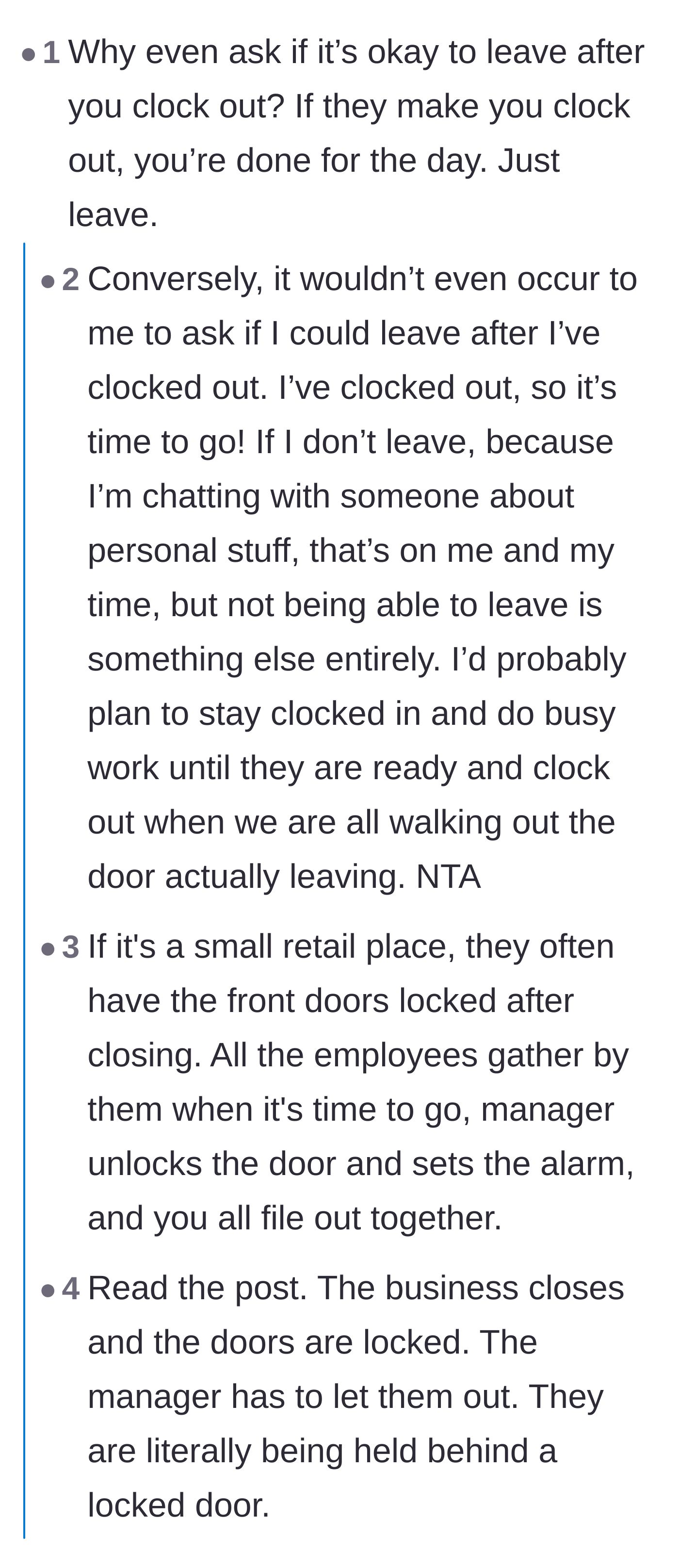 Comment thread 3 - A debate over why the employee couldn't simply walk out, followed by explanations of retail lock-in policies