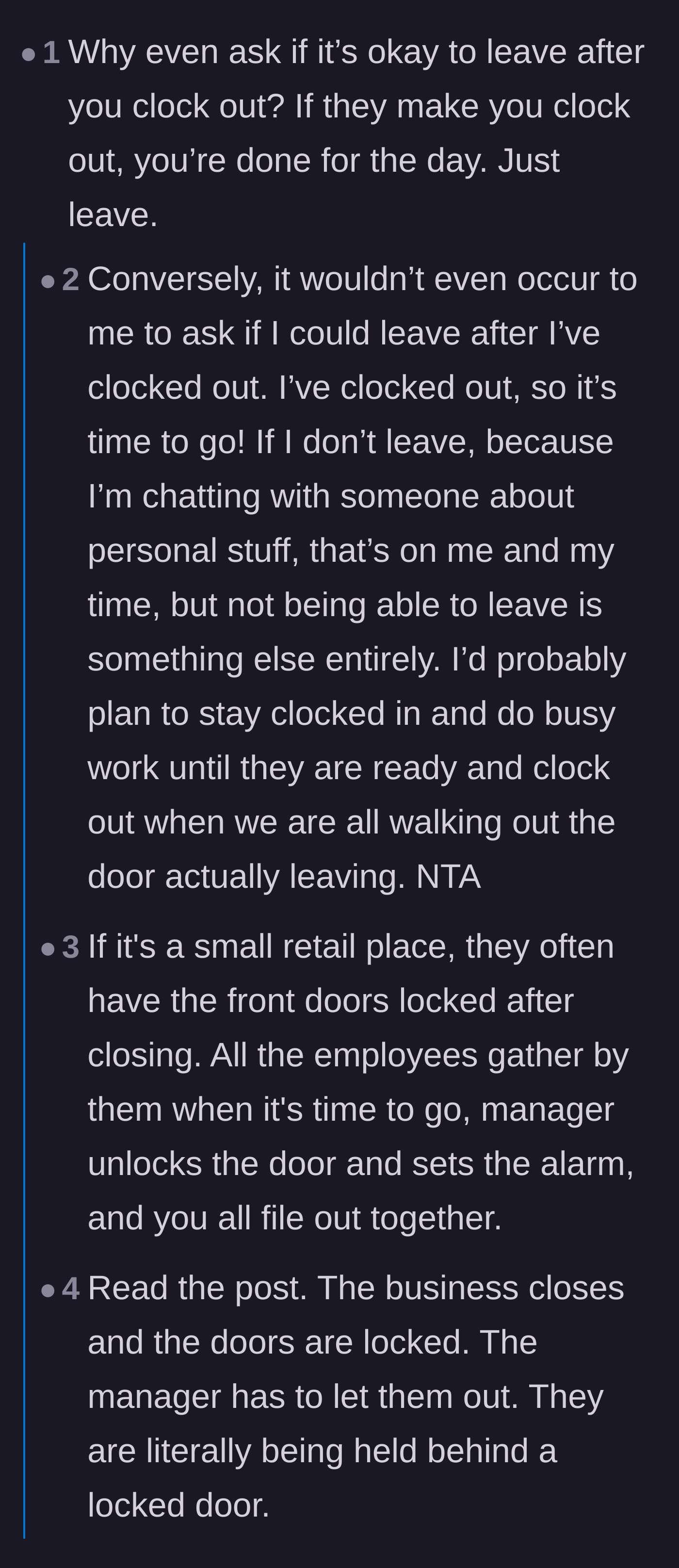 Comment thread 3 - A debate over why the employee couldn't simply walk out, followed by explanations of retail lock-in policies