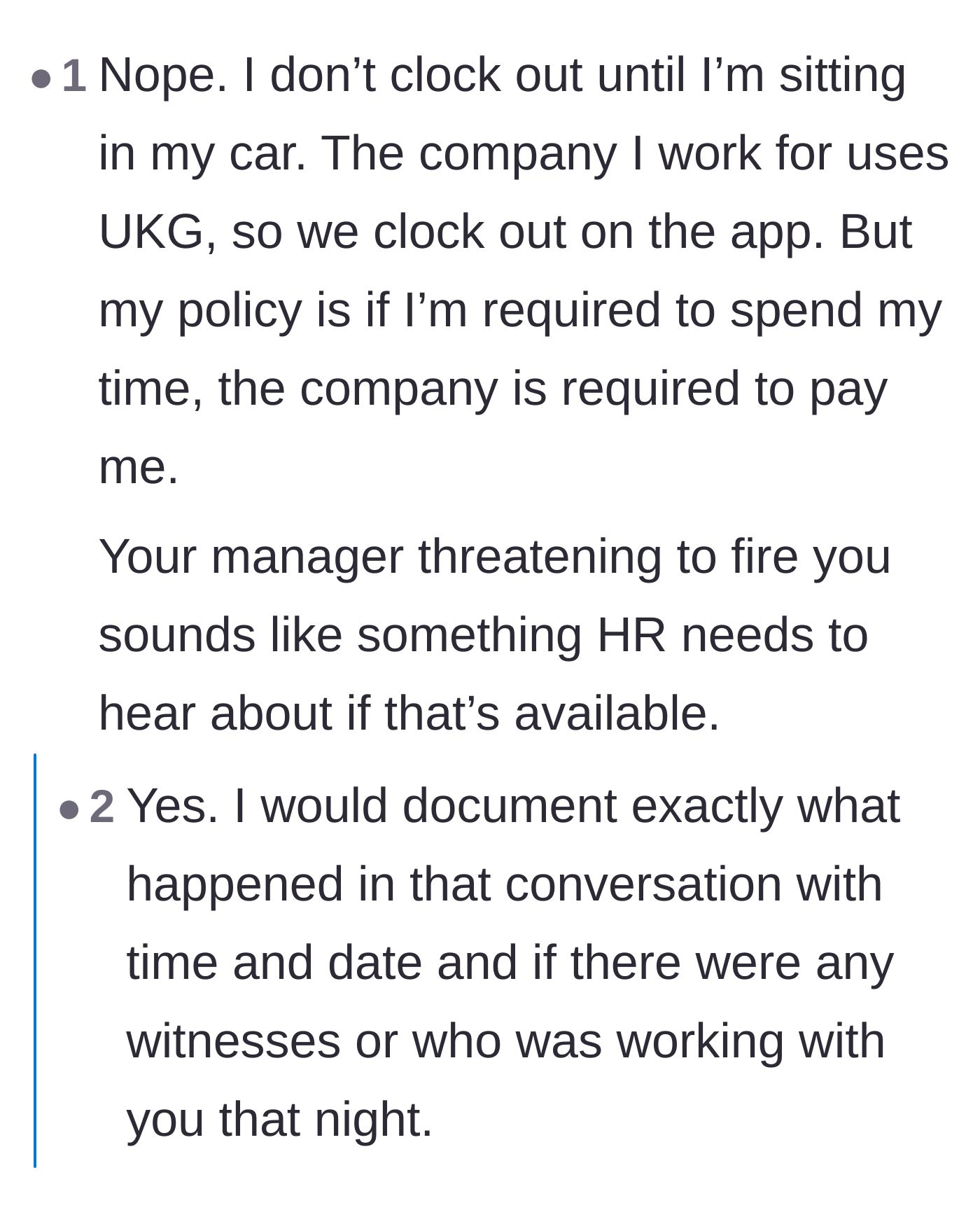 Comment thread 5 - Advice on waiting to clock out via app until reaching the car, and reporting the termination threat to HR