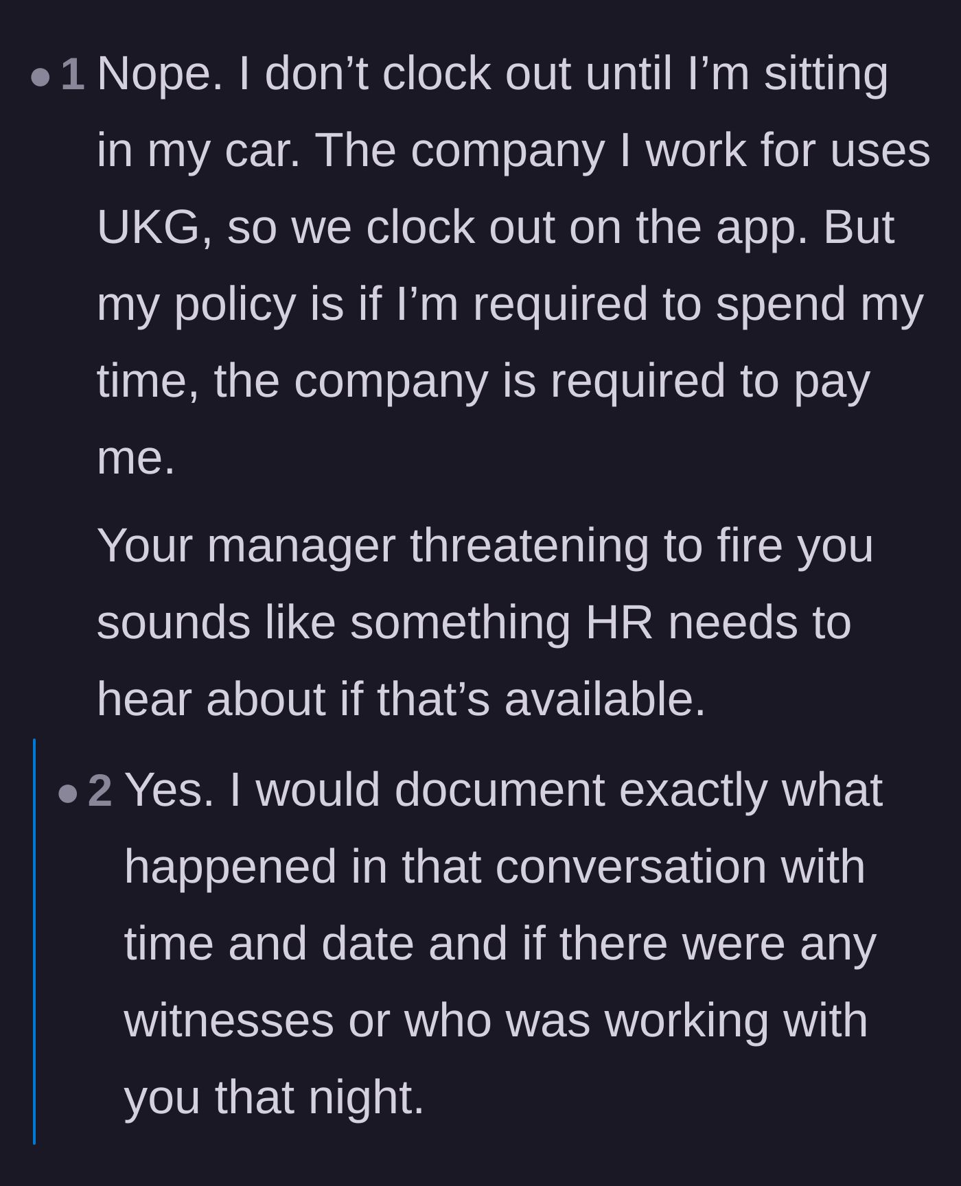 Comment thread 5 - Advice on waiting to clock out via app until reaching the car, and reporting the termination threat to HR