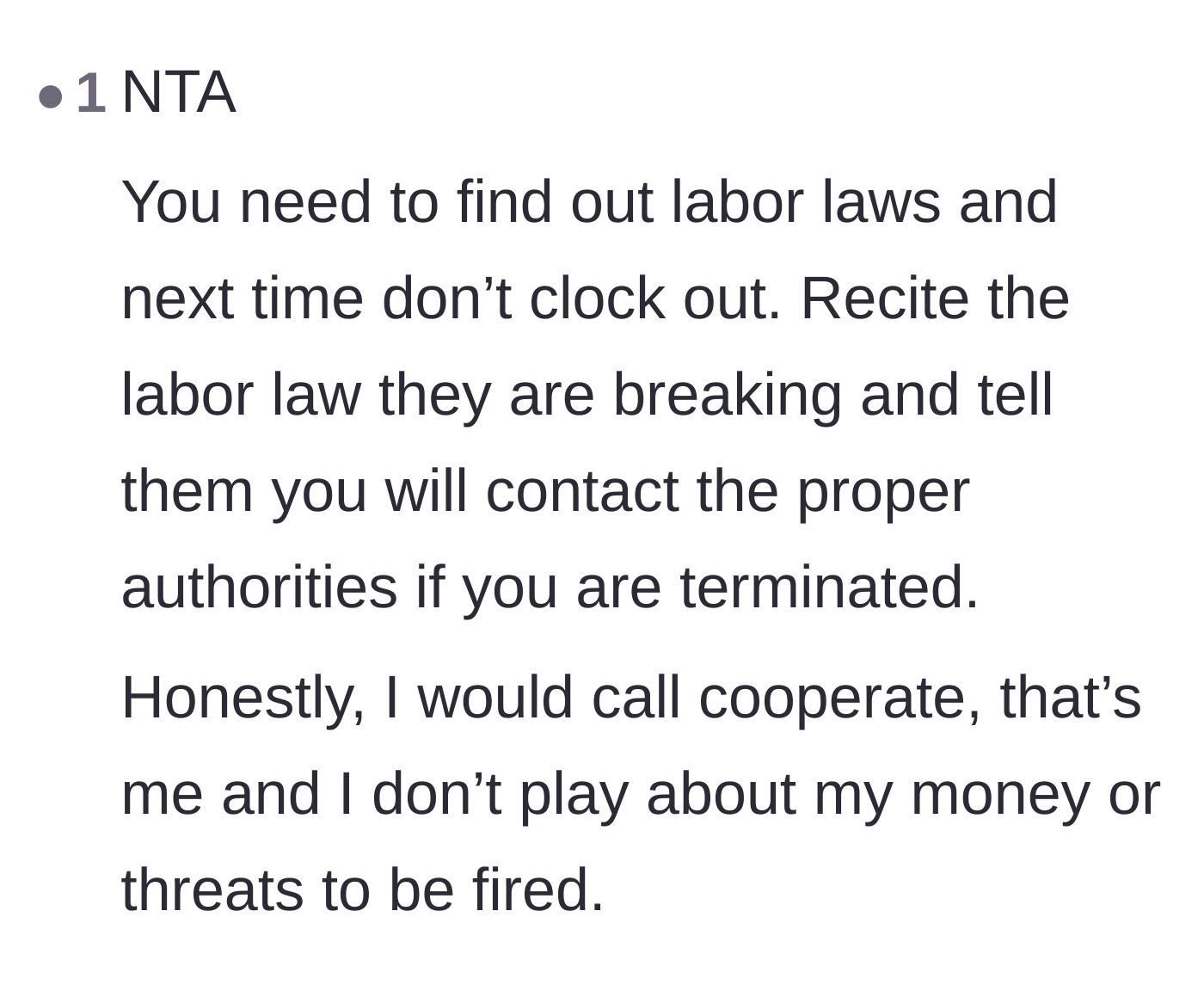 Comment thread 6 - Recommendations to stand firm, quote labor laws, and call corporate to report the manager's threats