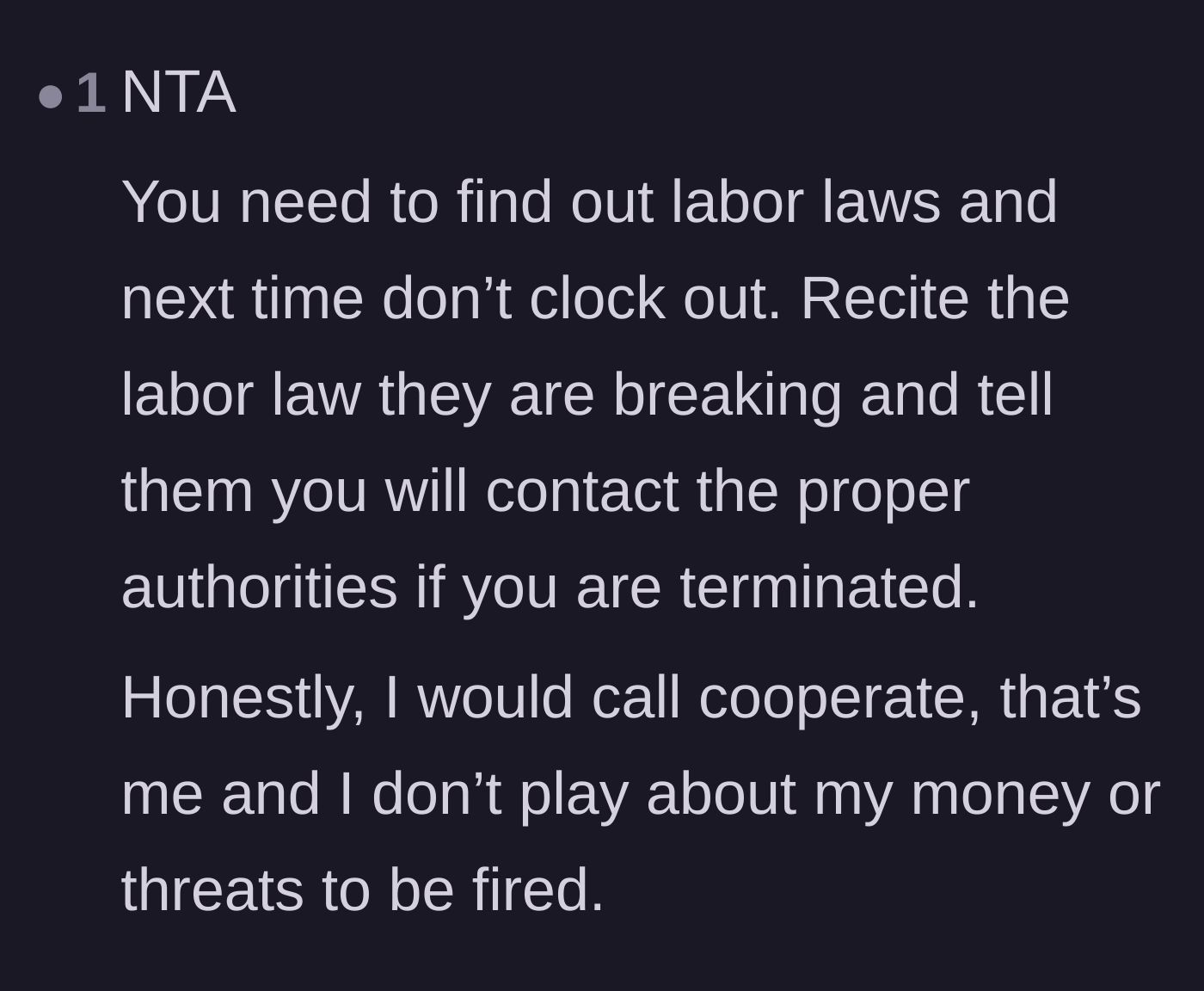 Comment thread 6 - Recommendations to stand firm, quote labor laws, and call corporate to report the manager's threats