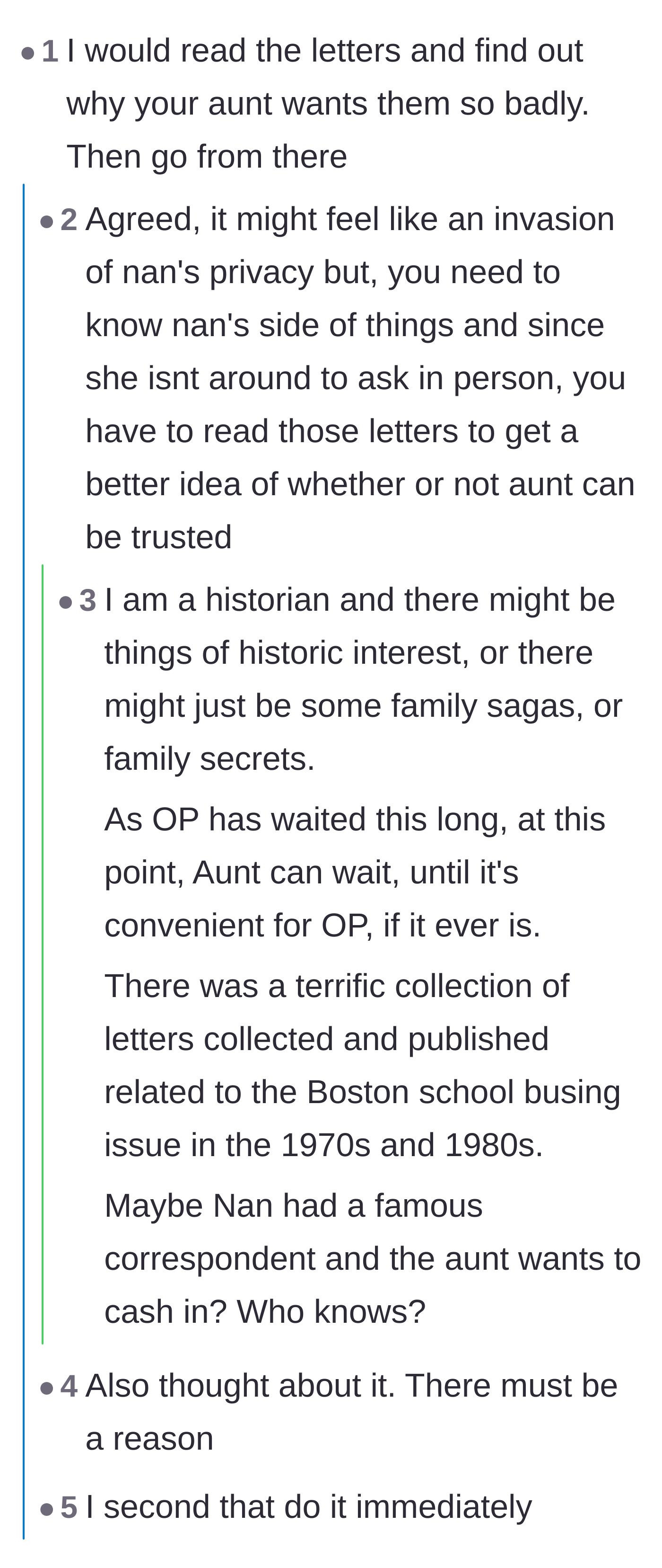 Comment thread 2 - Debate over whether the main character should read the letters to uncover the aunt's hidden motives.