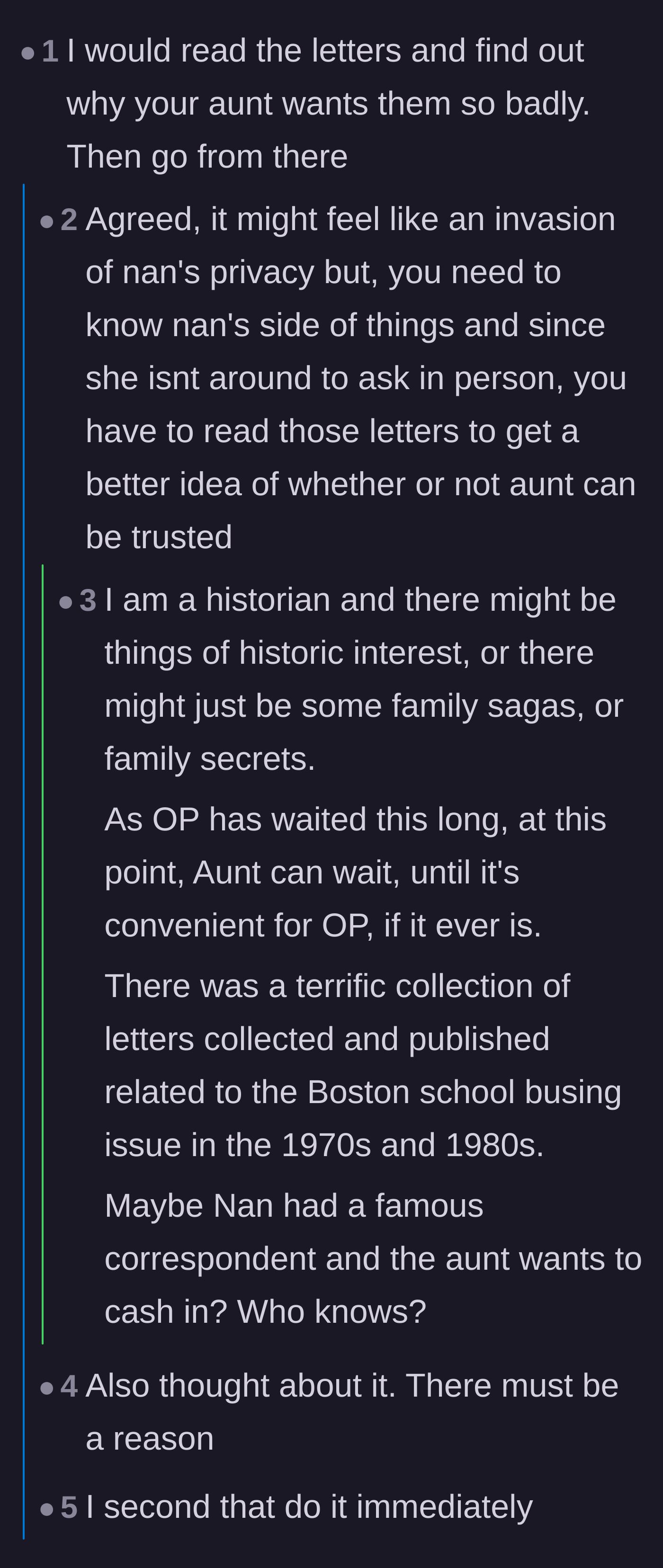 Comment thread 2 - Debate over whether the main character should read the letters to uncover the aunt's hidden motives.