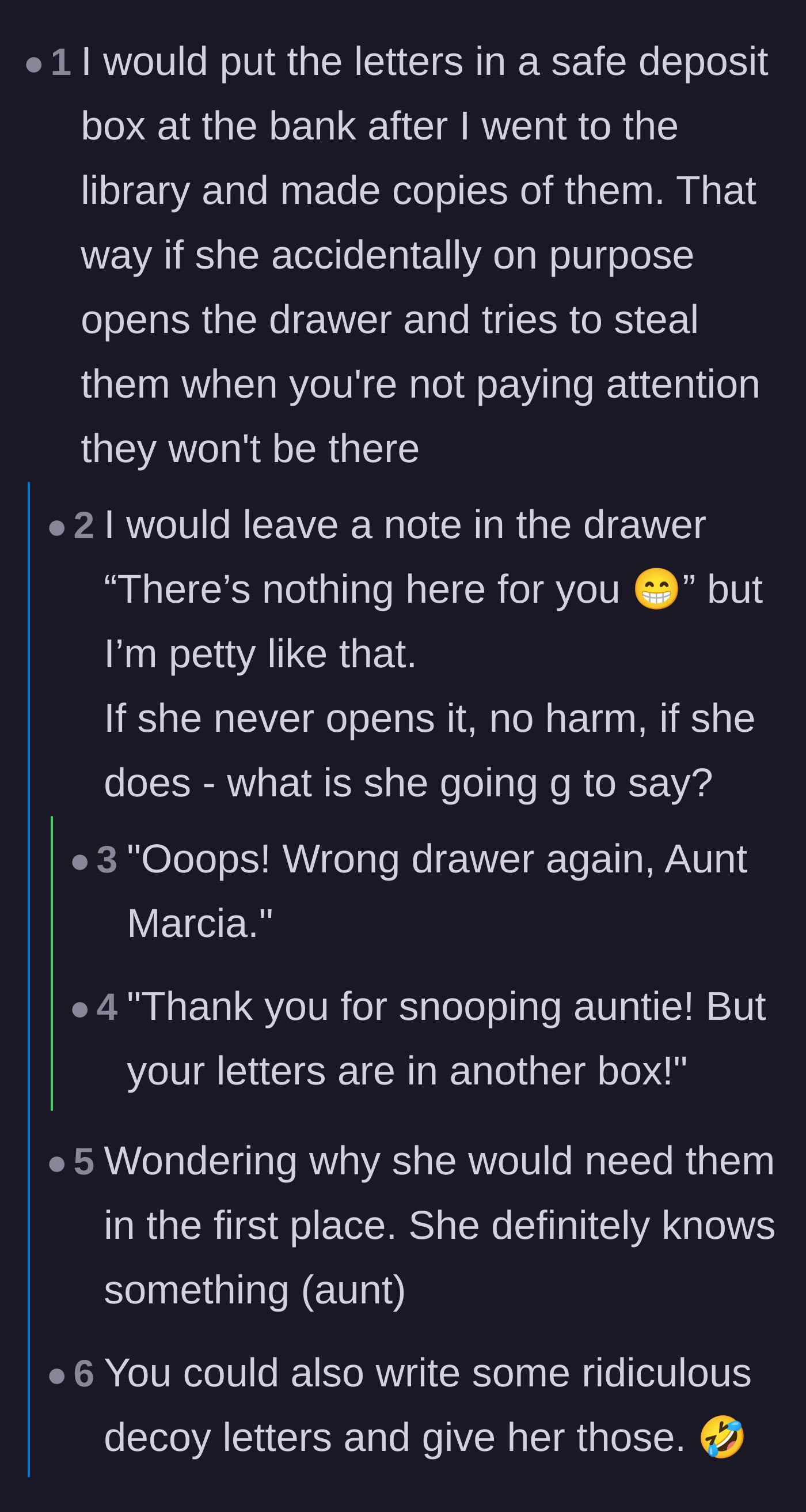 Comment thread 3 - Suggestions to make copies of the letters, use a safe deposit box, and leave a decoy note in the drawer.