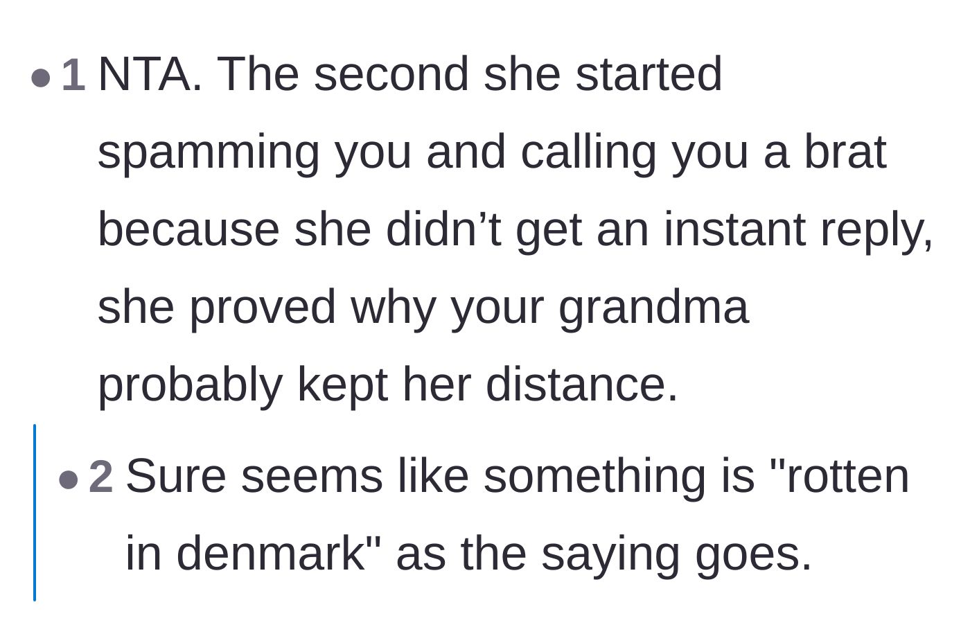 Comment thread 5 - Pointing out that the aunt's text tantrum and name-calling perfectly explain why the grandmother cut her off.