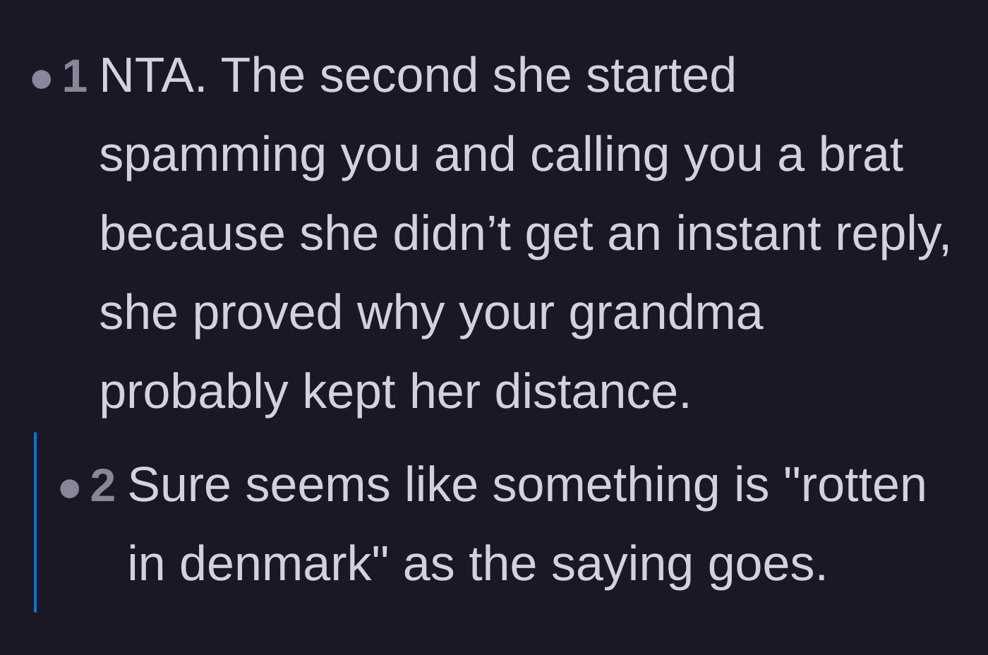 Comment thread 5 - Pointing out that the aunt's text tantrum and name-calling perfectly explain why the grandmother cut her off.