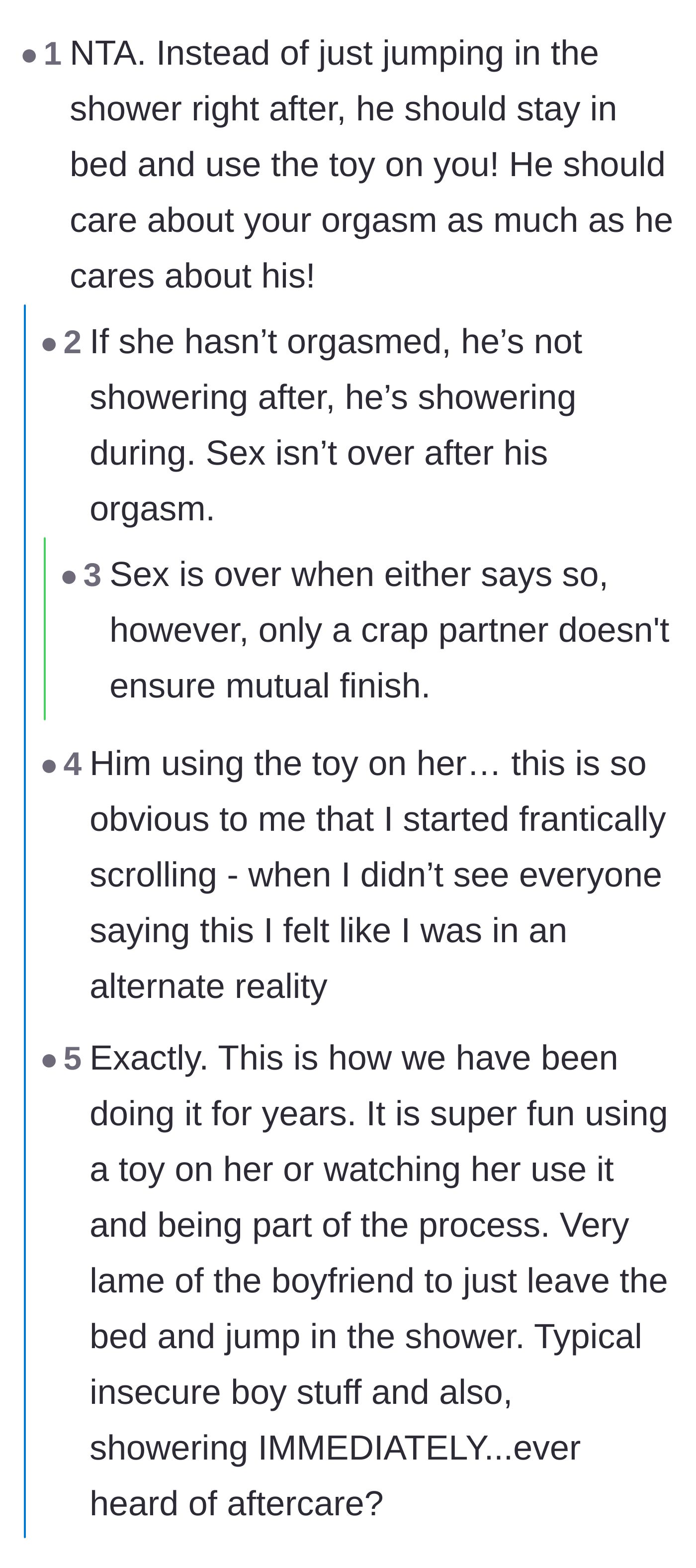 Comment thread 1 - Readers debating how a supportive partner would stay in bed and use the toy on her instead of immediately showering.