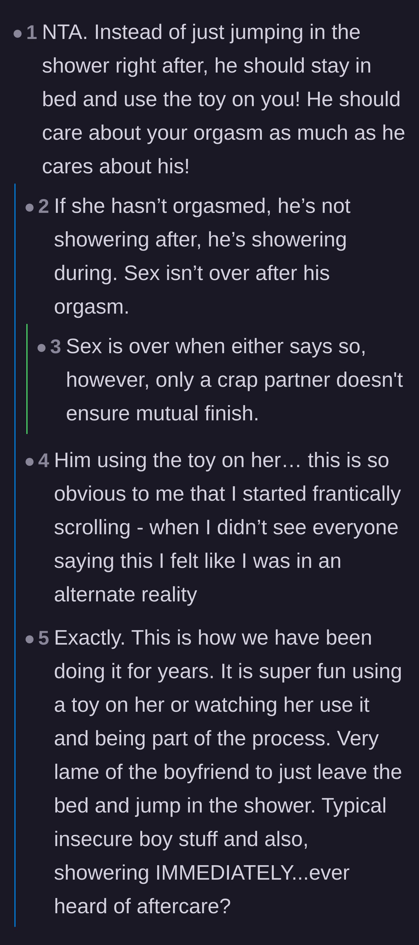 Comment thread 1 - Readers debating how a supportive partner would stay in bed and use the toy on her instead of immediately showering.