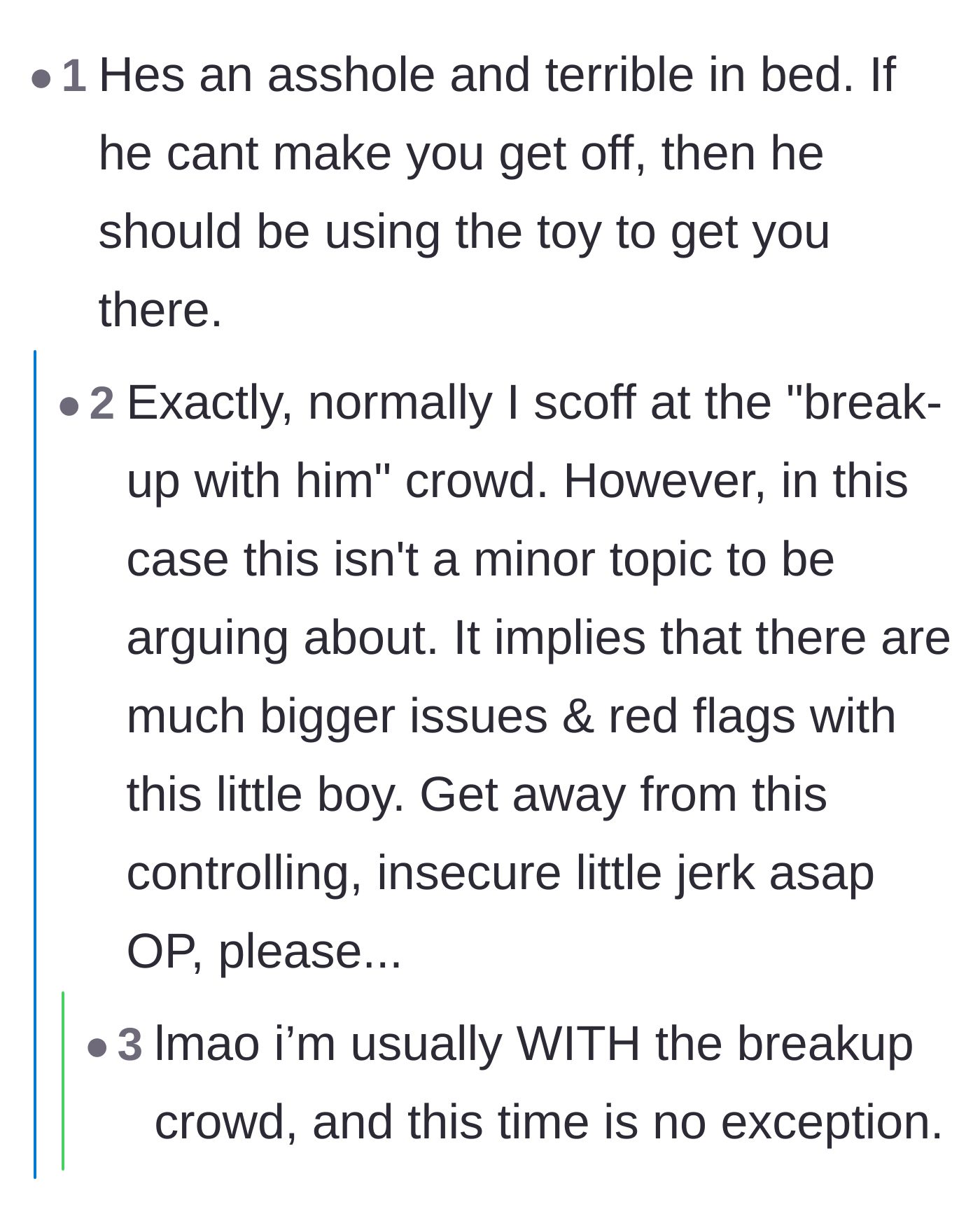 Comment thread 5 - Commenters pointing out that his behavior in bed is a massive red flag for deeper controlling issues.