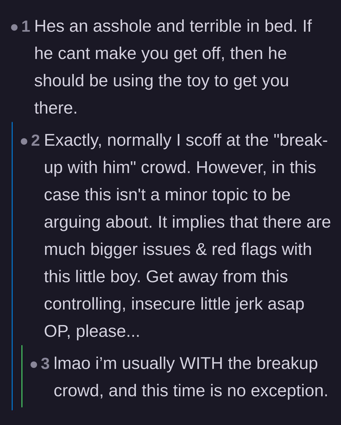 Comment thread 5 - Commenters pointing out that his behavior in bed is a massive red flag for deeper controlling issues.