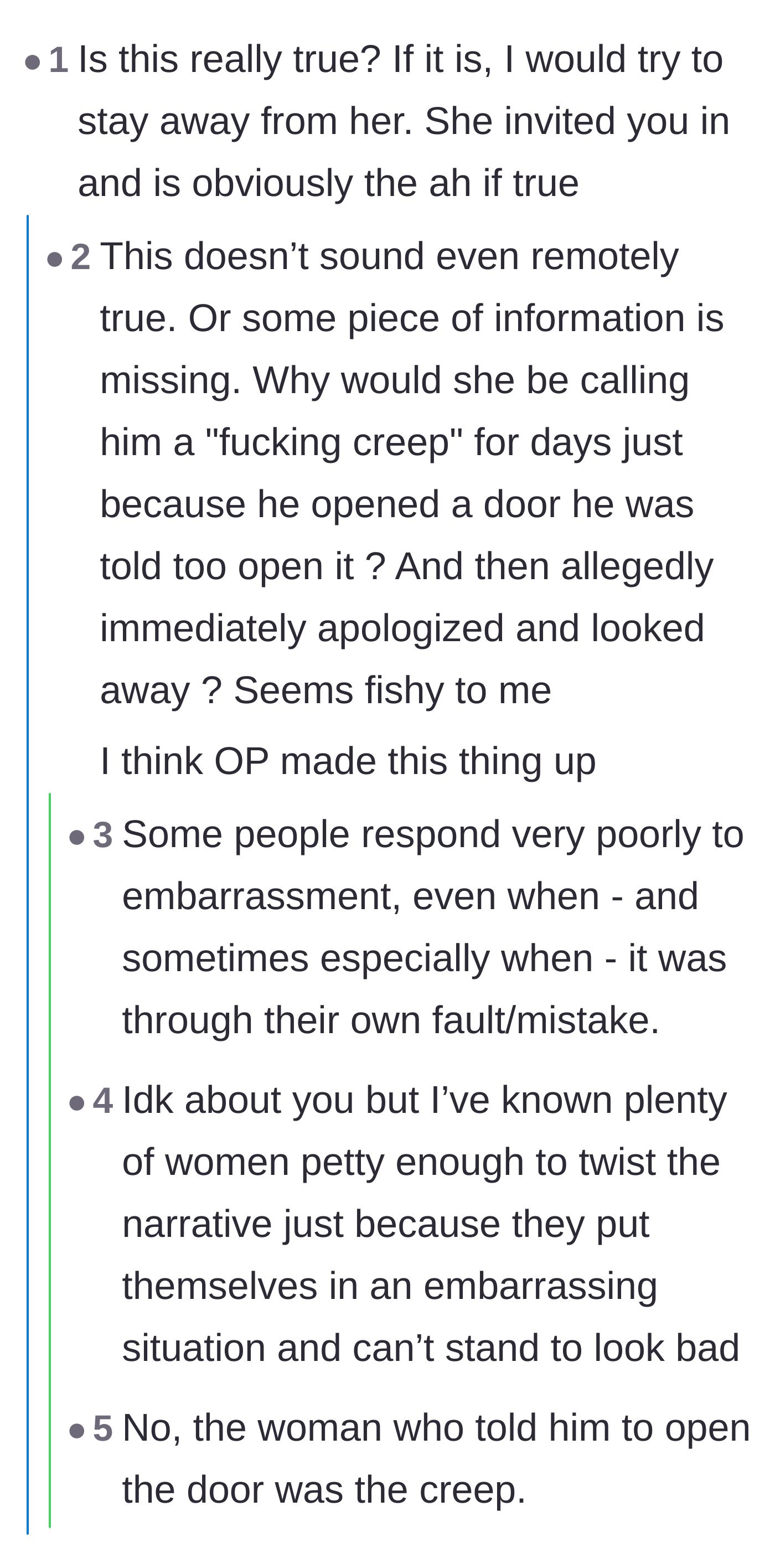 Comment thread 6 - A debate over whether the story is real, noting how embarrassment makes people defensively lash out.