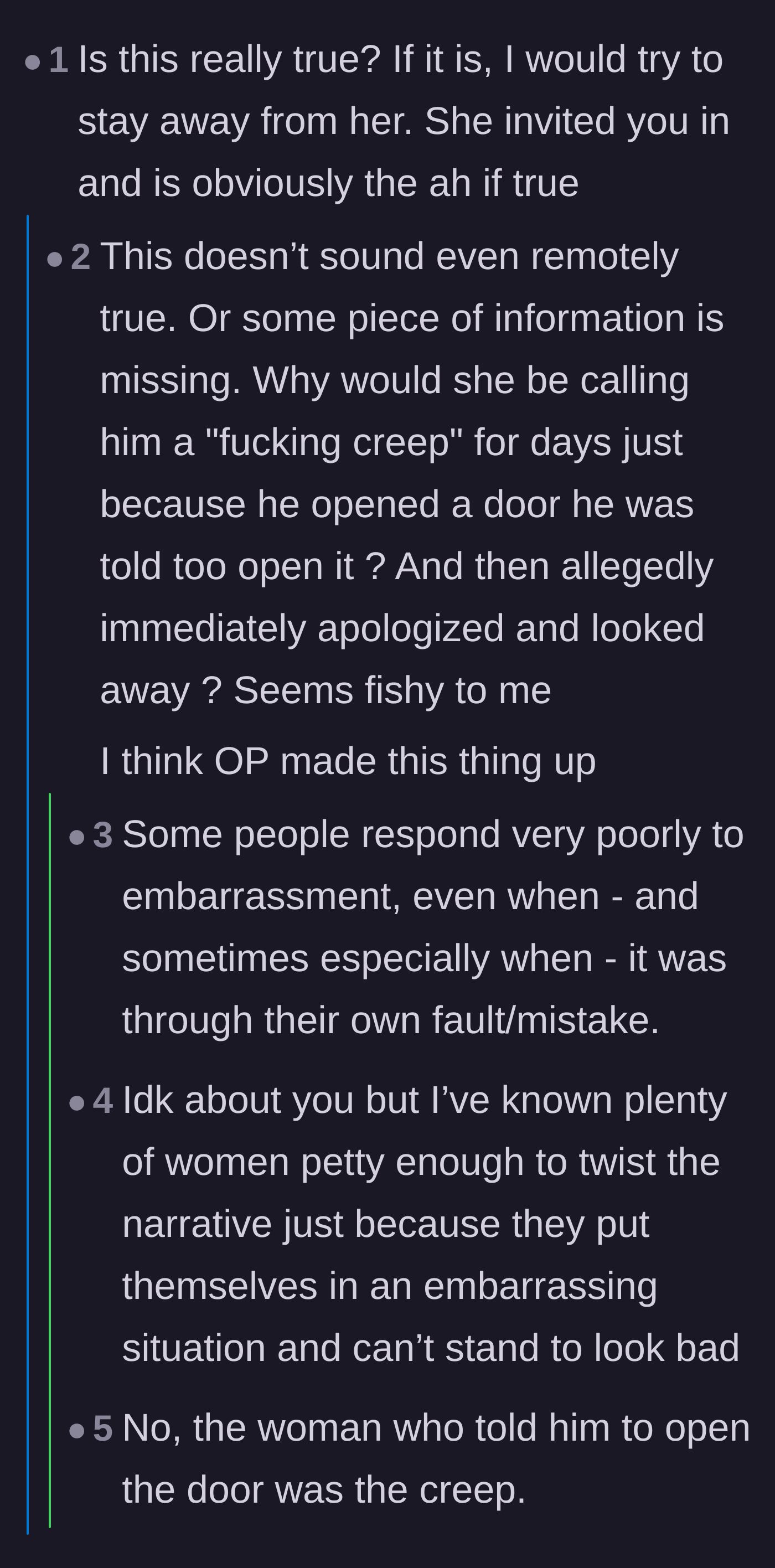 Comment thread 6 - A debate over whether the story is real, noting how embarrassment makes people defensively lash out.
