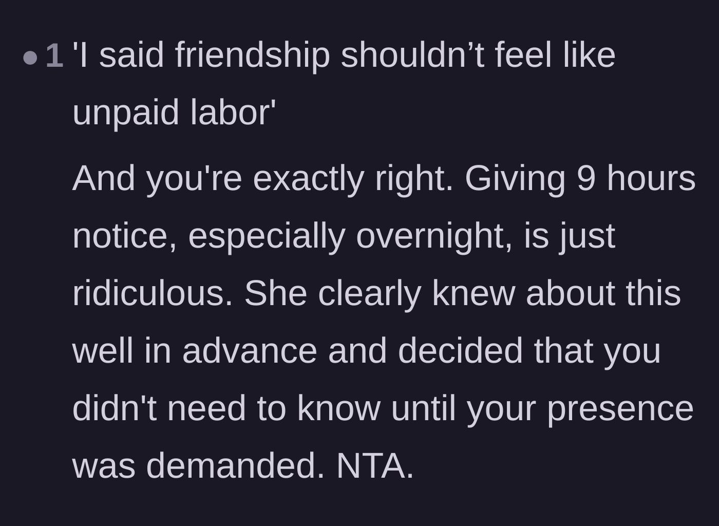 Comment thread 1 - Pointing out the absurdity of giving nine hours of overnight notice for a shift.