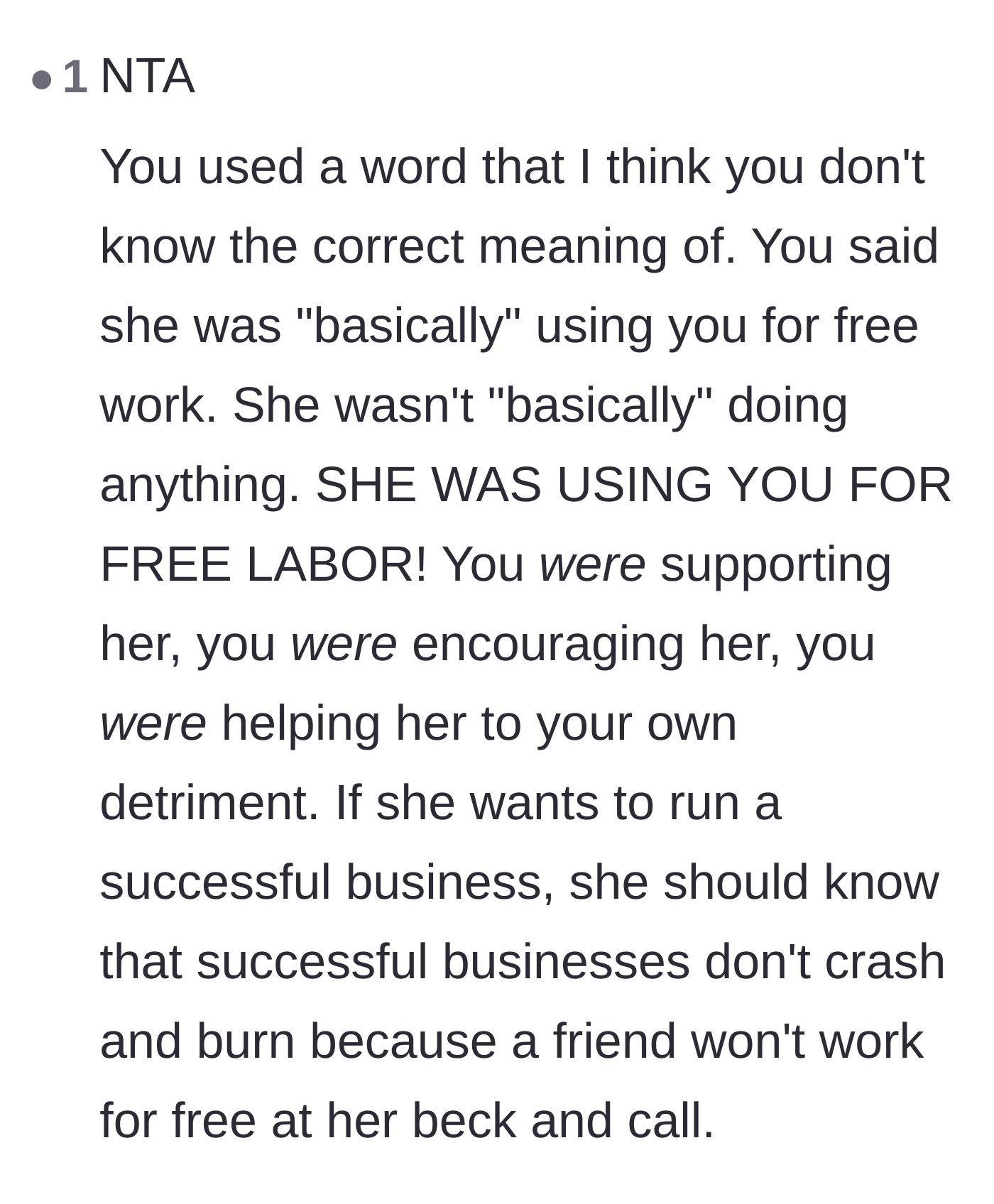 Comment thread 5 - Arguing that a viable business shouldn't collapse just because a friend refuses to work for free.