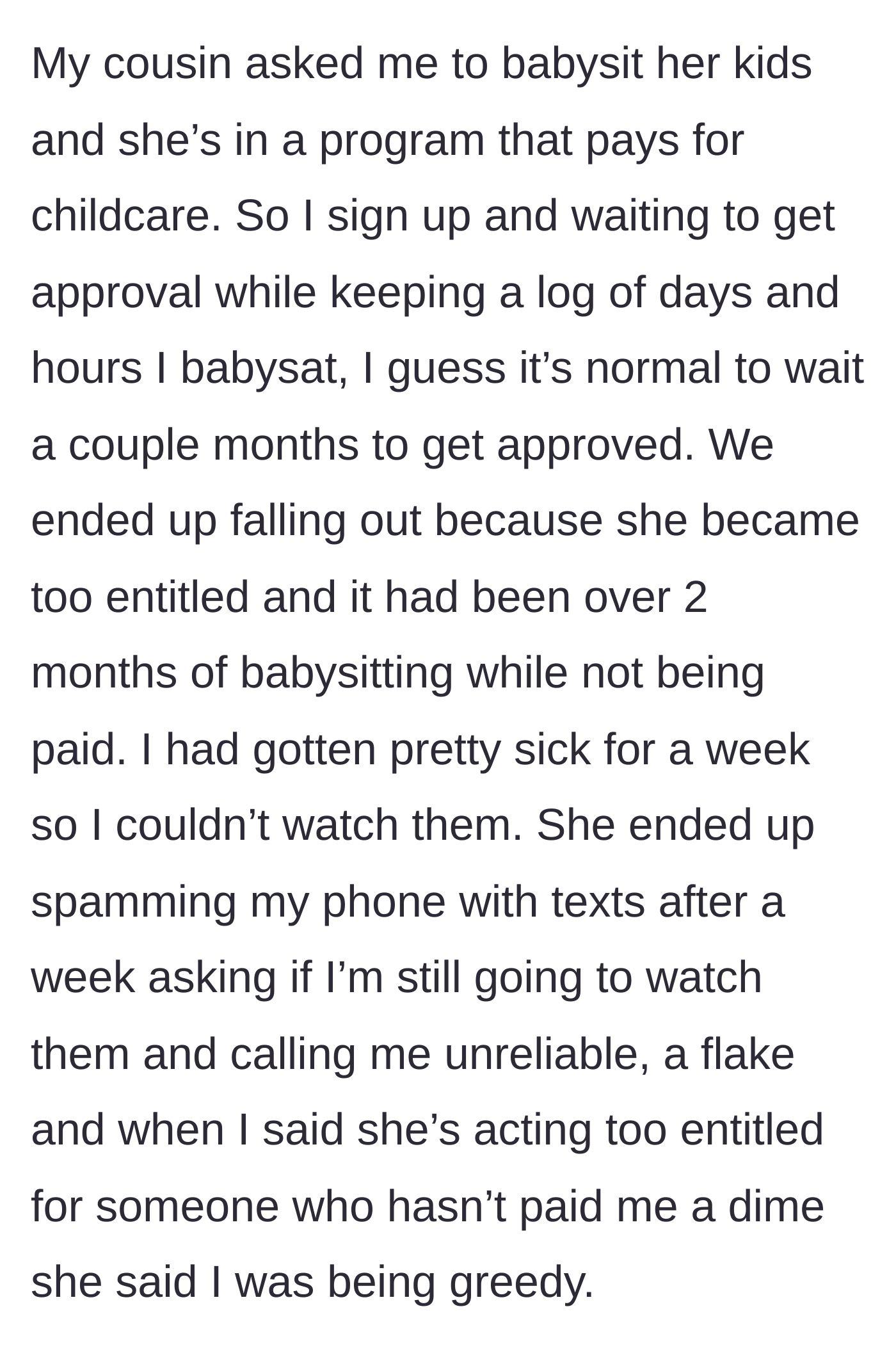 Story part 1 - Text messages showing an unpaid babysitter getting berated by their cousin for taking a sick day.