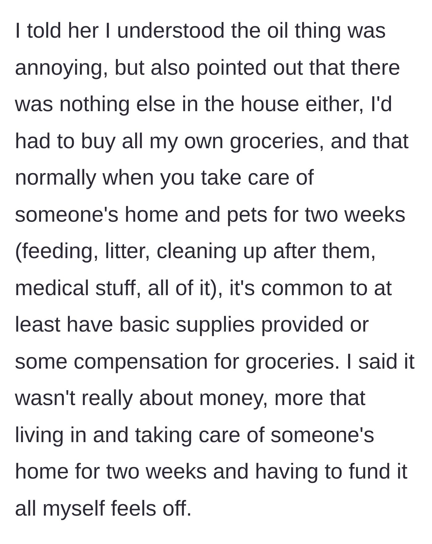 Story part 4 - The sitter firmly pushes back, explaining the standard etiquette of pet sitting and the unfairness of the grocery burden.