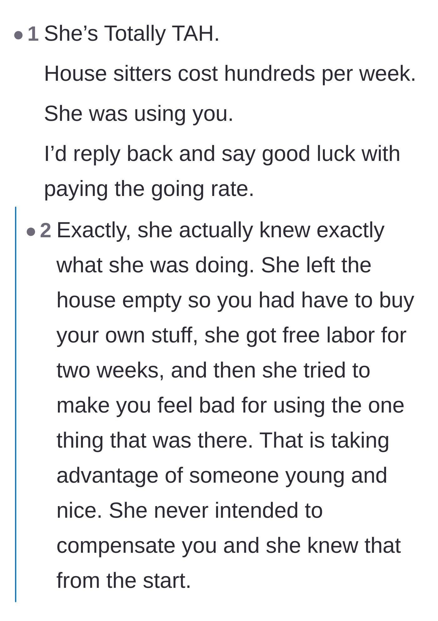 Comment thread 1 - Readers dissecting the homeowner's deliberate clearing of the kitchen to trap the sitter.