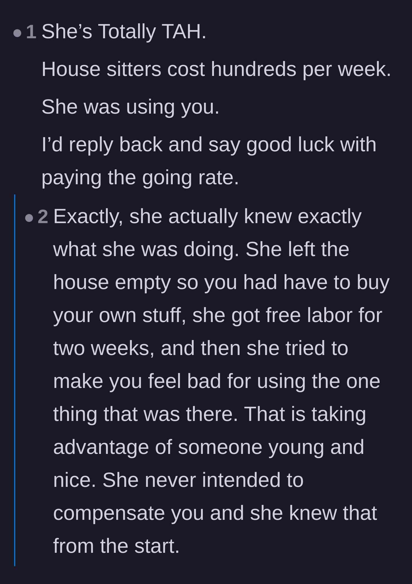 Comment thread 1 - Readers dissecting the homeowner's deliberate clearing of the kitchen to trap the sitter.